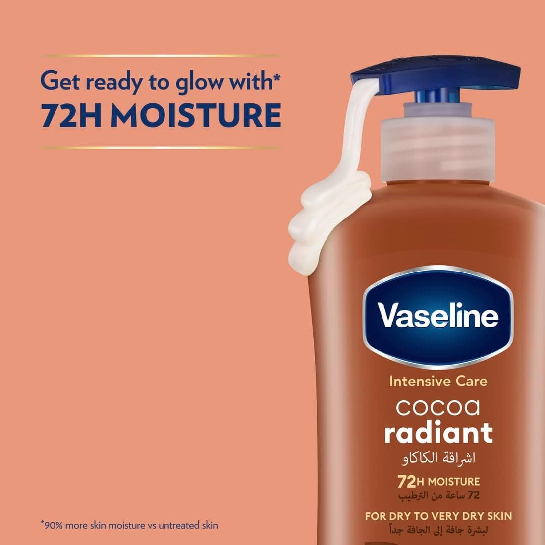 لوسیون بدن Vaseline Intensive Care مخصوص پوست‌های خشک تا خیلی خشک، مدل Cocoa Radiant با جذب سریع و مرطوب‌کنندگی ۷۲ ساعته، در بسته‌ی ۲ عددی ۴۰۰ میلی‌لیتری. 530