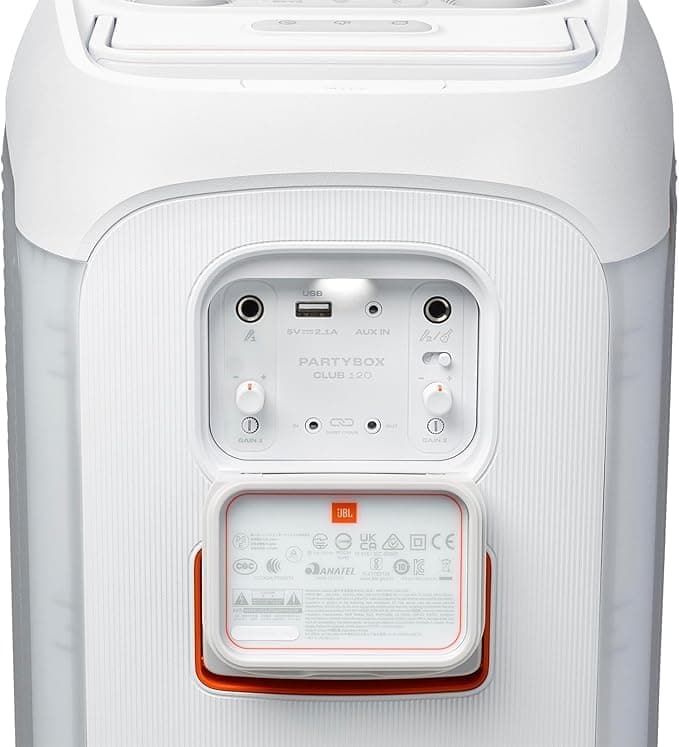 JBL Party Box Club 120 | صدای قدرتمند و نمایش نور | حداکثر 12 ساعت زمان پخش | AI Sound Boost | اتصال چند اسپیکر از طریق Auracast | ورودی دوگانه میکروفون و گیتار | JBLPBCLUB120SWUK، White Party box 120 سفید 319