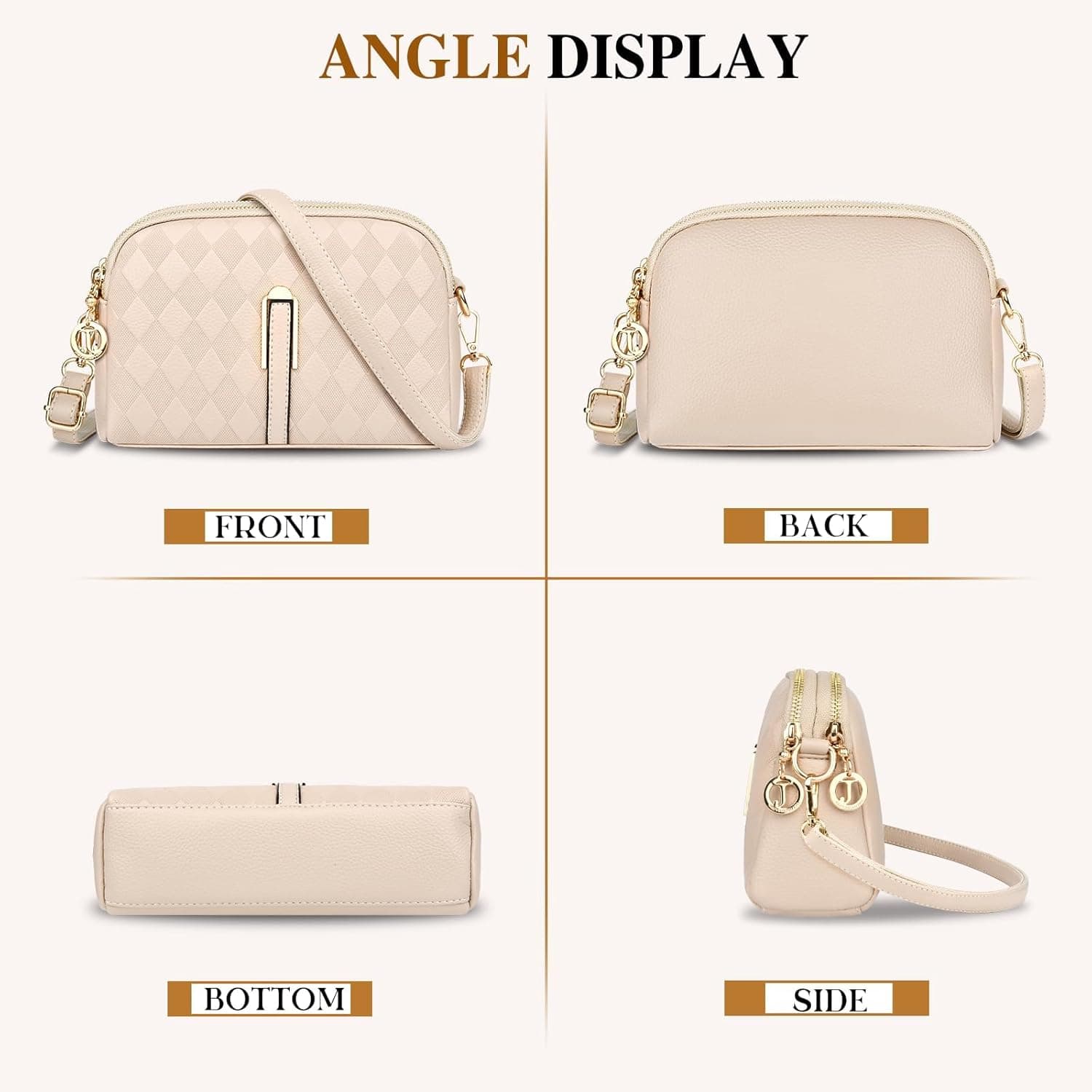 کیف کراس‌بادی زنانه، کیف دستی و کیف دوشی چرمی با بند پهن قابل تنظیم به رنگ بژ 267