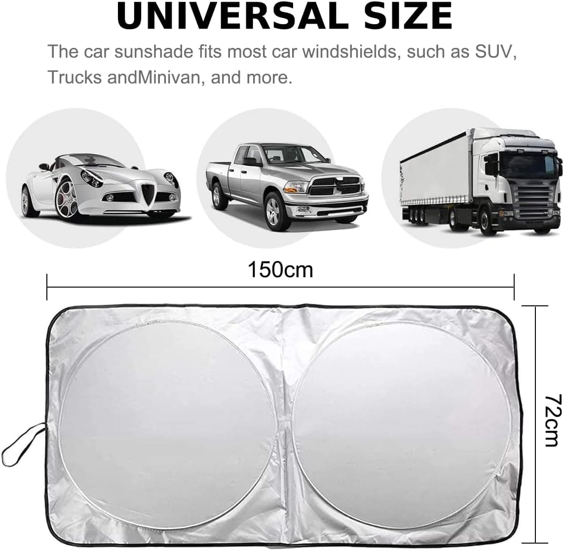 سایه‌بان آفتاب شیشه جلوی خودرو 150x72cm با کیسه نگهداری، تاشو برای پنجره جلو، آفتاب‌گیر بازتابنده، مسدودکننده اشعه UV و گرمای خورشید، محافظ Visor، حفظ خنکی خودرو 150x72cm، مشکی و نقره‌ای، استاندارد (150x72cm) 391