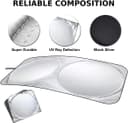سایه‌بان آفتاب شیشه جلوی خودرو 150x72cm با کیسه نگهداری، تاشو برای پنجره جلو، آفتاب‌گیر بازتابنده، مسدودکننده اشعه UV و گرمای خورشید، محافظ Visor، حفظ خنکی خودرو 150x72cm، مشکی و نقره‌ای، استاندارد (150x72cm) 389