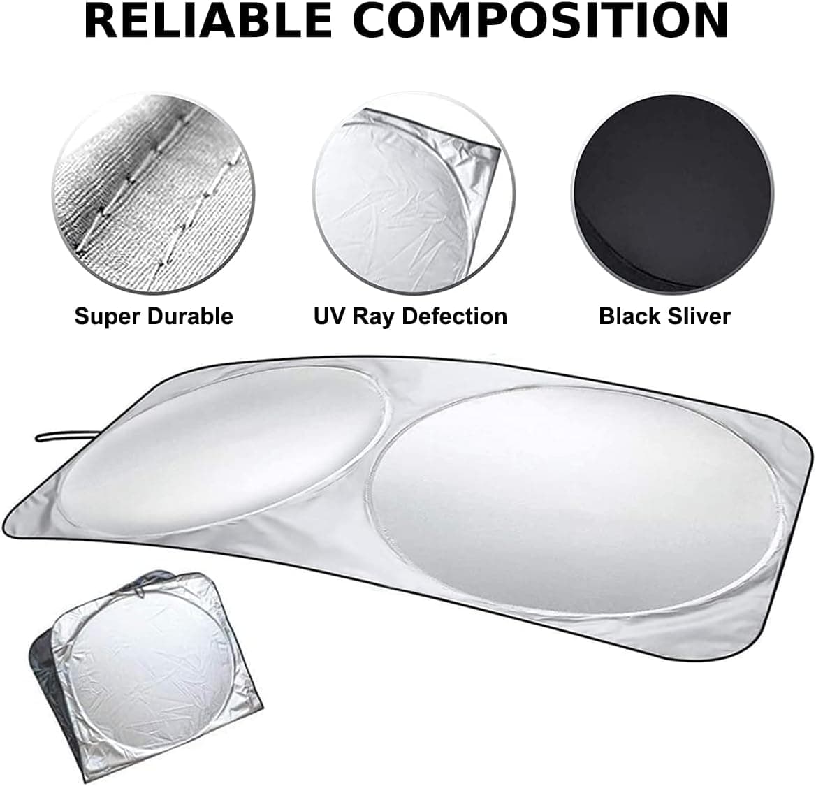 سایه‌بان آفتاب شیشه جلوی خودرو 150x72cm با کیسه نگهداری، تاشو برای پنجره جلو، آفتاب‌گیر بازتابنده، مسدودکننده اشعه UV و گرمای خورشید، محافظ Visor، حفظ خنکی خودرو 150x72cm، مشکی و نقره‌ای، استاندارد (150x72cm) 389