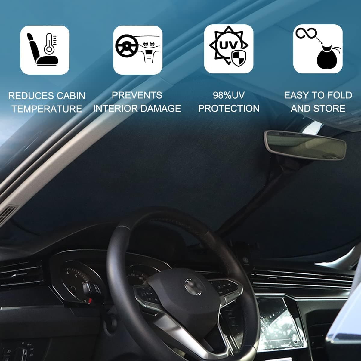 سایه‌بان آفتاب شیشه جلوی خودرو 150x72cm با کیسه نگهداری، تاشو برای پنجره جلو، آفتاب‌گیر بازتابنده، مسدودکننده اشعه UV و گرمای خورشید، محافظ Visor، حفظ خنکی خودرو 150x72cm، مشکی و نقره‌ای، استاندارد (150x72cm) 387