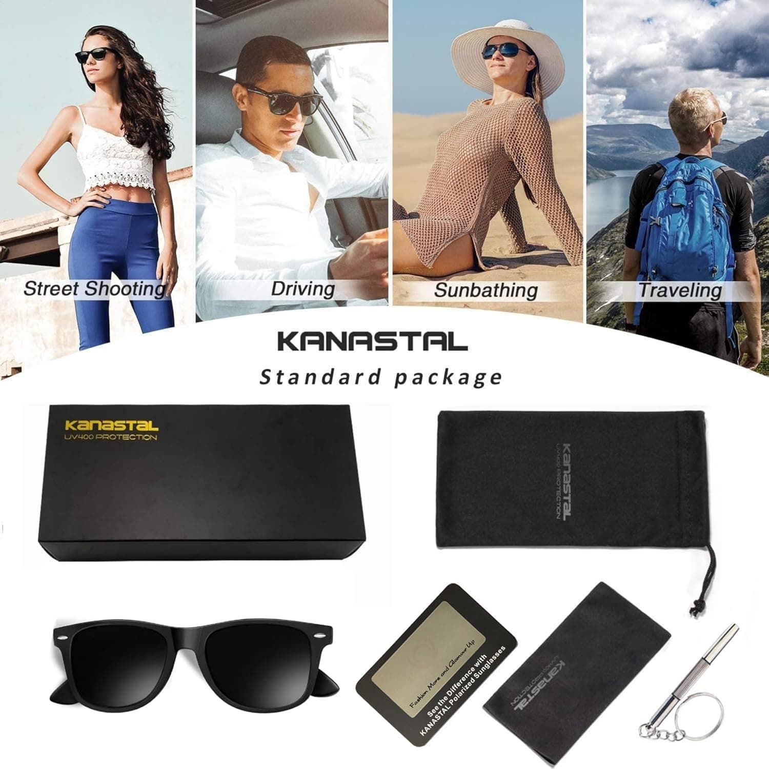 عینک آفتابی پلاریزه مردانه KANASTAL، عینک آفتابی مربعی مد روز زنانه، شیدهای کلاسیک برای زنان، مناسب رانندگی، ماهیگیری و فضای باز با محافظت 100٪ UV400 مدل 01 مشکی مات 294