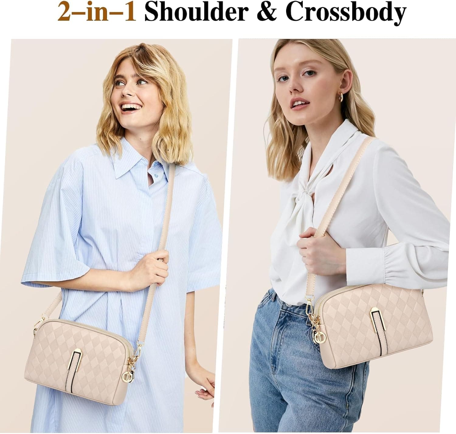 کیف کراس‌بادی زنانه، کیف دستی و کیف دوشی چرمی با بند پهن قابل تنظیم به رنگ بژ 263