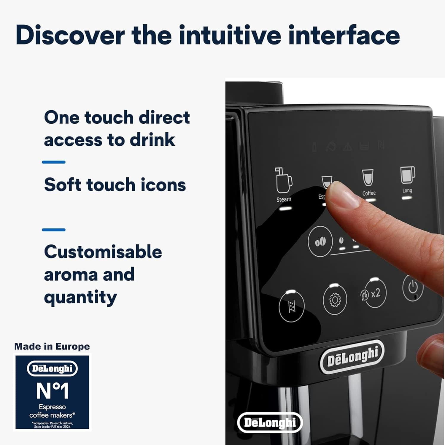 دستگاه قهوه‌ساز De'Longhi مدل MAGNIFICA START، دستگاه اسپرسوساز تمام‌اتوماتیک با بیش از 6 نوشیدنی گرم و سرد، رابط Soft Touch، کف‌ساز شیر، 13 تنظیم آسیاب، Twin Shot مدل ECAM222.20.B - ساخت اروپا، نسخه Signature 518