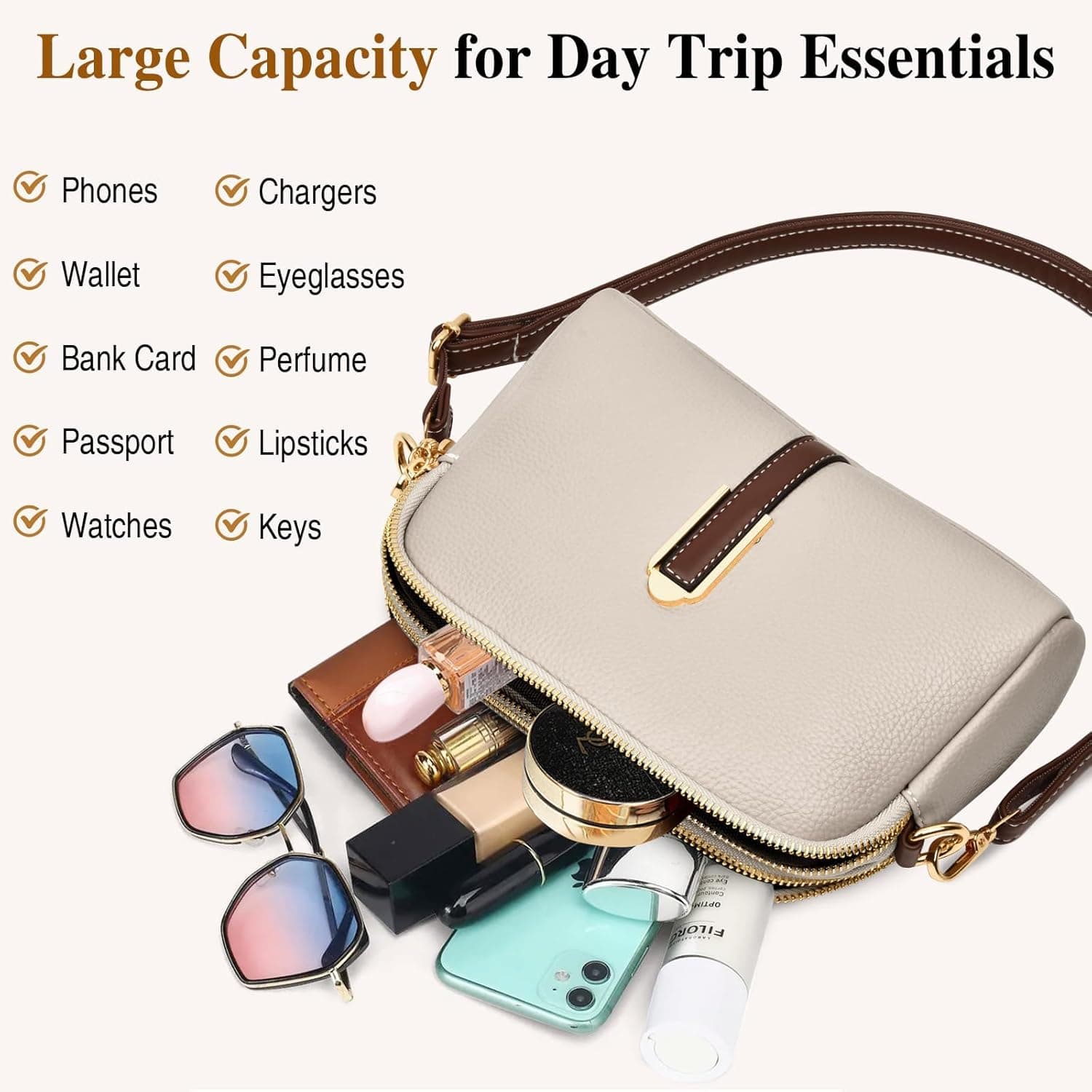 کیف کراس‌بادی زنانه KASTWAVE، کیف دستی و کیف دوشی چرمی با بند پهن قابل تنظیم، بند زنجیری و جا کارتی 2 اسلات، کیف کراس‌بادی دوربین برای خانم‌ها و دختران برای سفر، خرید و استفاده روزانه، خاکستری مرواریدی 273