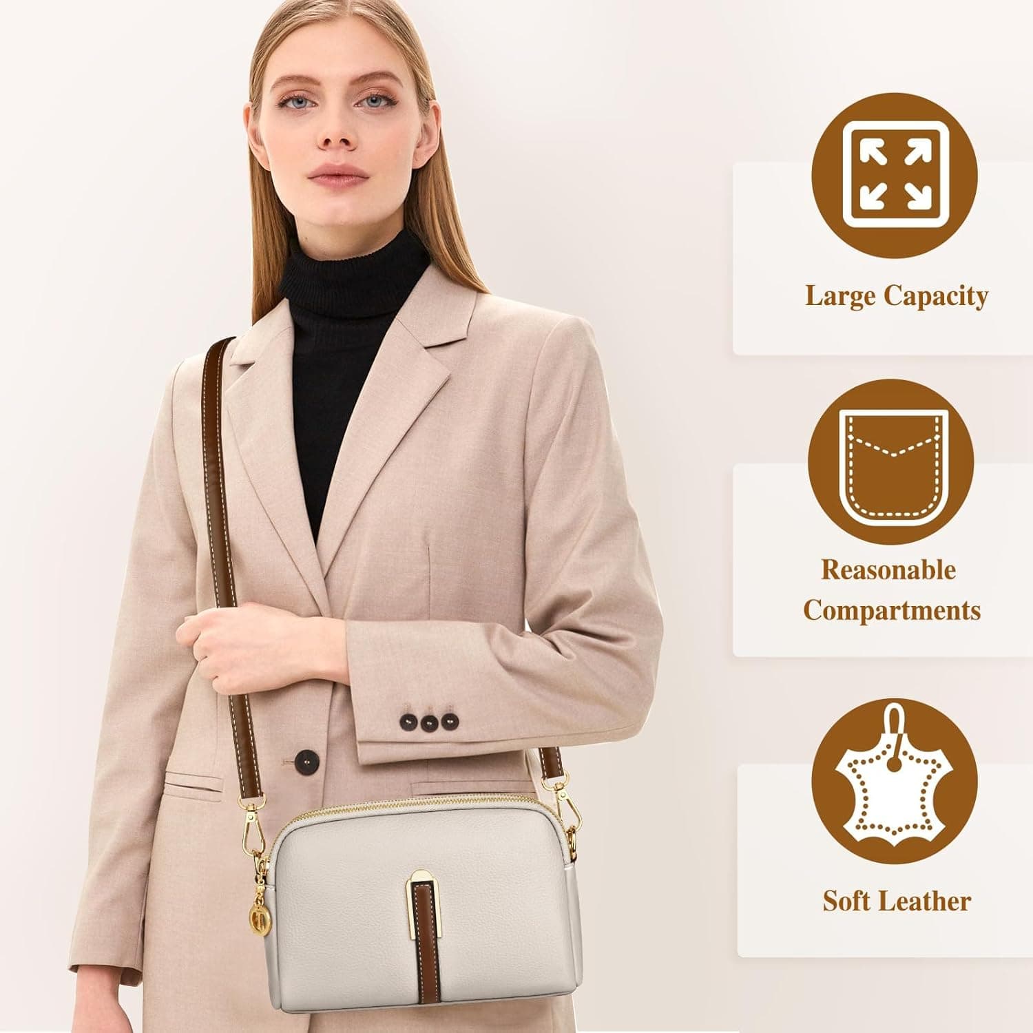 کیف کراس‌بادی زنانه KASTWAVE، کیف دستی و کیف دوشی چرمی با بند پهن قابل تنظیم، بند زنجیری و جا کارتی 2 اسلات، کیف کراس‌بادی دوربین برای خانم‌ها و دختران برای سفر، خرید و استفاده روزانه، خاکستری مرواریدی 271