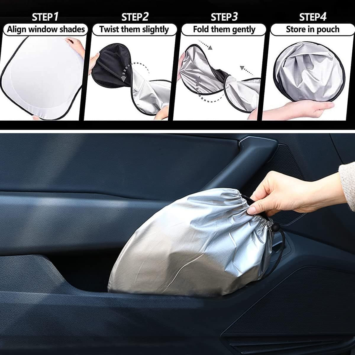 سایه‌بان آفتاب شیشه جلوی خودرو 150x72cm با کیسه نگهداری، تاشو برای پنجره جلو، آفتاب‌گیر بازتابنده، مسدودکننده اشعه UV و گرمای خورشید، محافظ Visor، حفظ خنکی خودرو 150x72cm، مشکی و نقره‌ای، استاندارد (150x72cm) 390