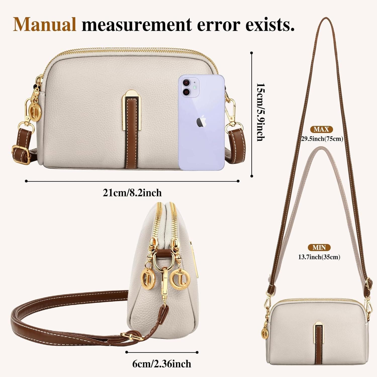 کیف کراس‌بادی زنانه KASTWAVE، کیف دستی و کیف دوشی چرمی با بند پهن قابل تنظیم، بند زنجیری و جا کارتی 2 اسلات، کیف کراس‌بادی دوربین برای خانم‌ها و دختران برای سفر، خرید و استفاده روزانه، خاکستری مرواریدی 275