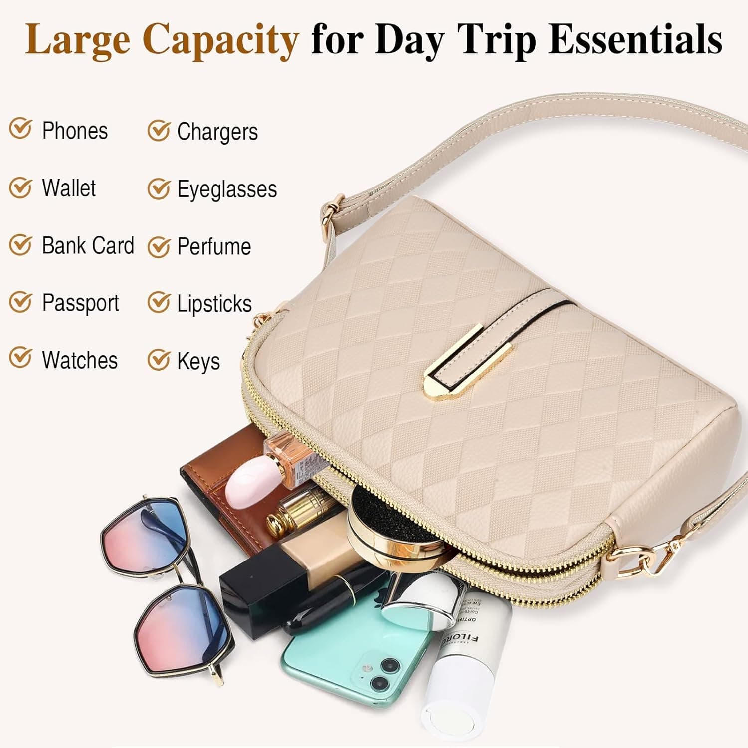 کیف کراس‌بادی زنانه، کیف دستی و کیف دوشی چرمی با بند پهن قابل تنظیم به رنگ بژ 265