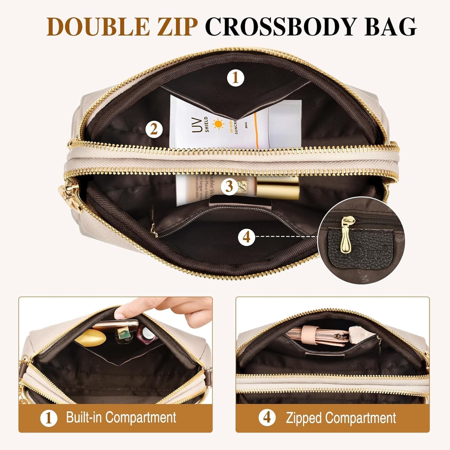 کیف کراس‌بادی زنانه، کیف دستی و کیف دوشی چرمی با بند پهن قابل تنظیم به رنگ بژ 264