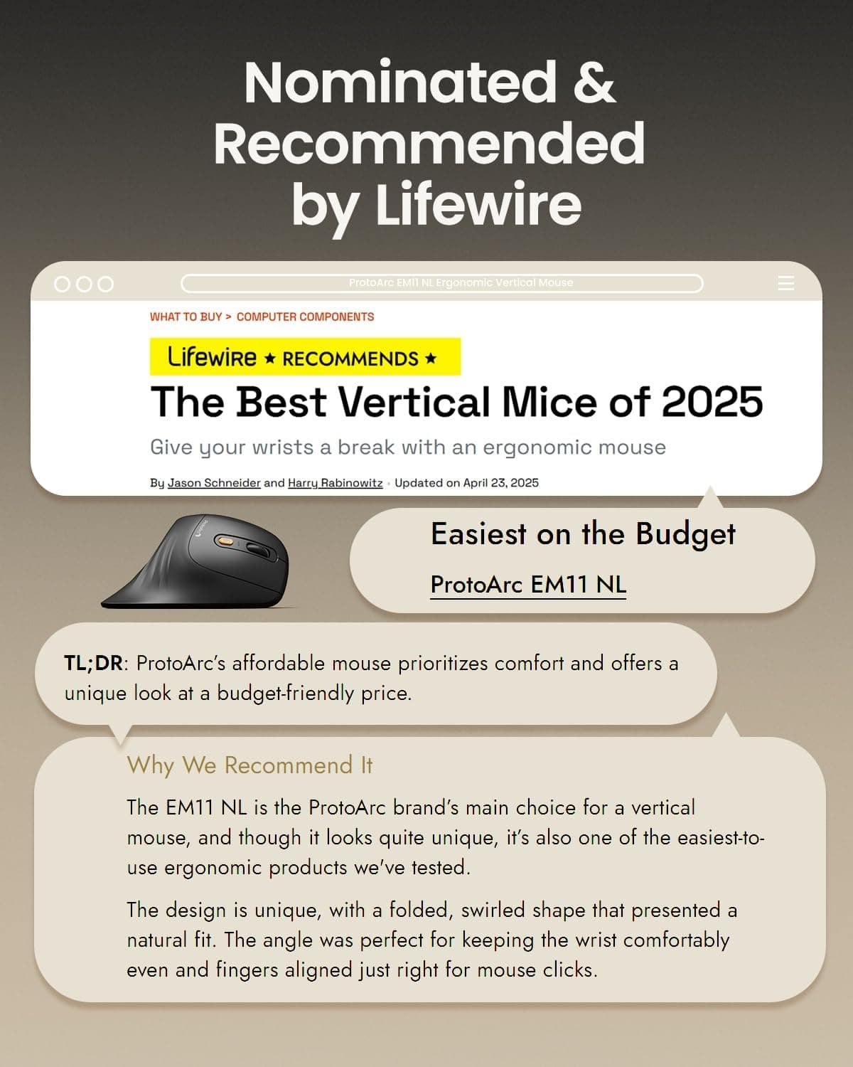 ماوس ارگونومیک ProtoArc، مدل EM11 NL، ماوس عمودی بی‌سیم بلوتوثی قابل شارژ، با قابلیت اتصال به 3 دستگاه به‌صورت هم‌زمان برای Computer/PC/Laptop، ماوس نوری 2.4GHz برای Windows و Mac OS، رنگ مشکی 127