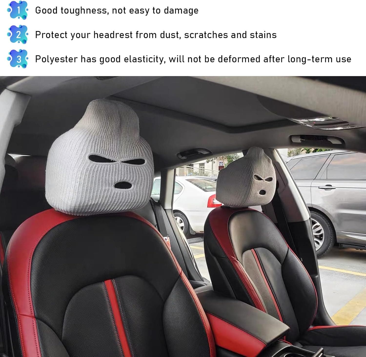 2 عدد روکش پشت‌سری صندلی خودرو، ماسک صورت کامل خنده‌دار شخصی‌سازی‌شده برای صندلی خودرو، Ski Mask برای محافظت و پوشش پشت‌سری صندلی جلو خودرو، تزیین، لوازم جانبی داخلی یونیورسال خودرو (سفید) 402