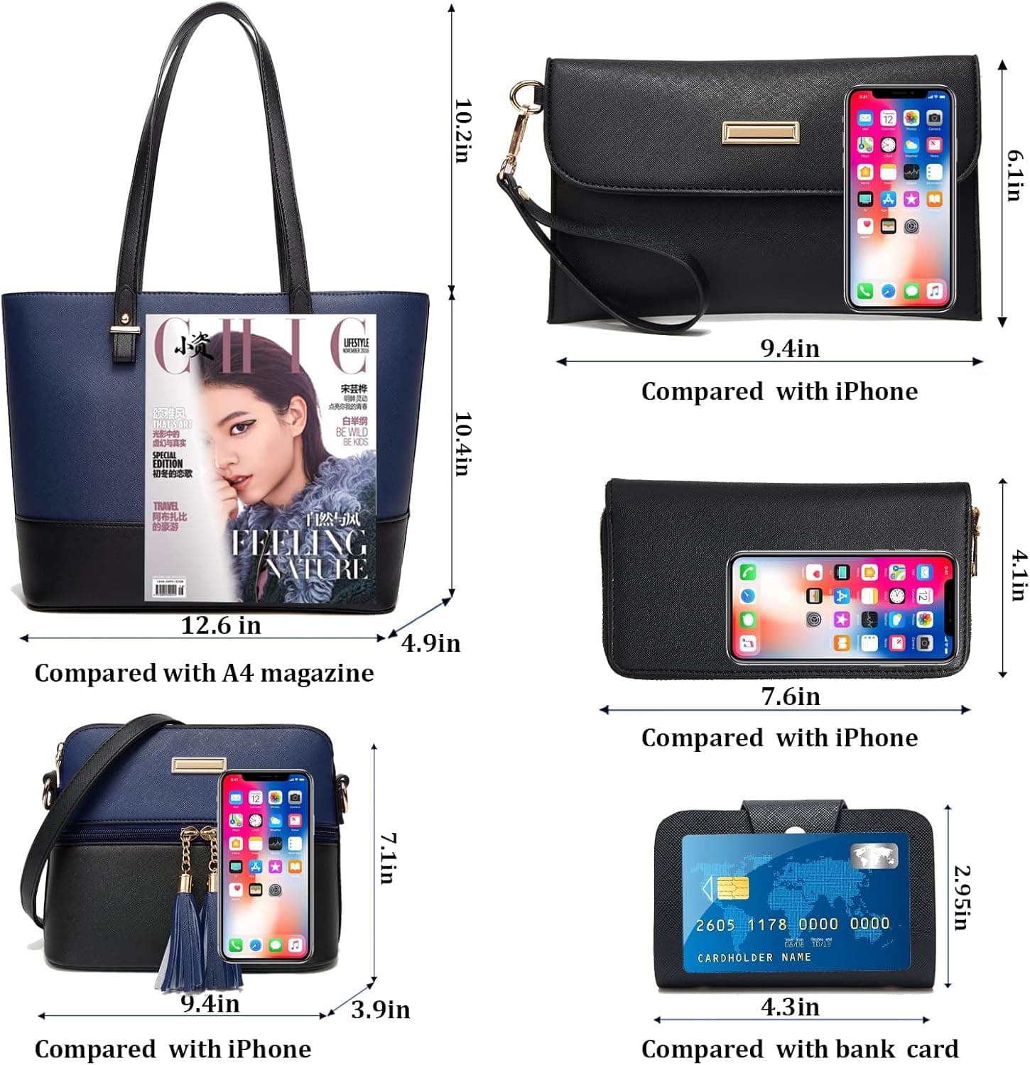 کیف‌های دستی و کیف‌های YNIQUE برای زنان، کیف‌های توت شانه‌ای به همراه کیف پول مدل 4-2 مشکی آبی 230