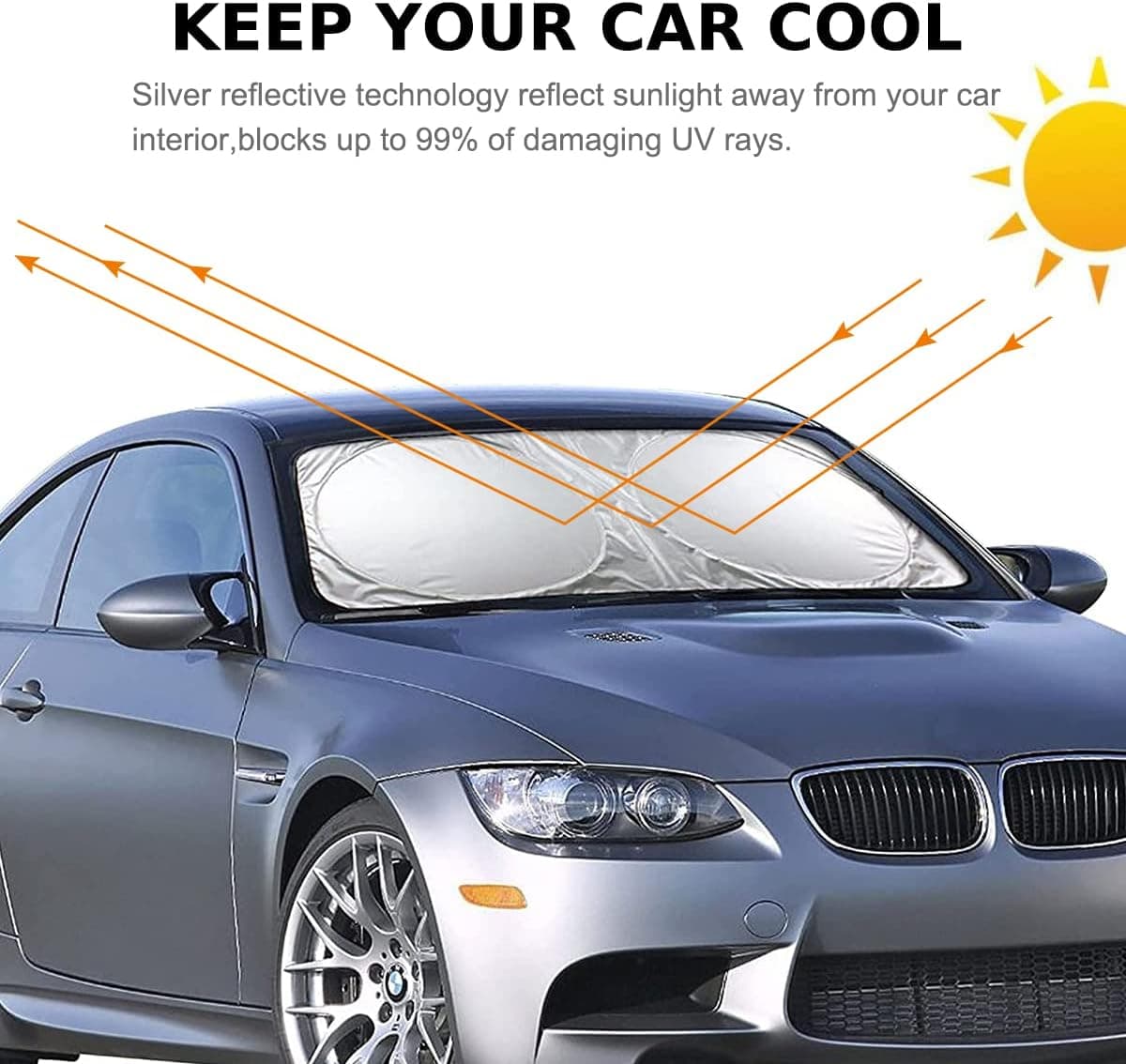 سایه‌بان آفتاب شیشه جلوی خودرو 150x72cm با کیسه نگهداری، تاشو برای پنجره جلو، آفتاب‌گیر بازتابنده، مسدودکننده اشعه UV و گرمای خورشید، محافظ Visor، حفظ خنکی خودرو 150x72cm، مشکی و نقره‌ای، استاندارد (150x72cm) 386