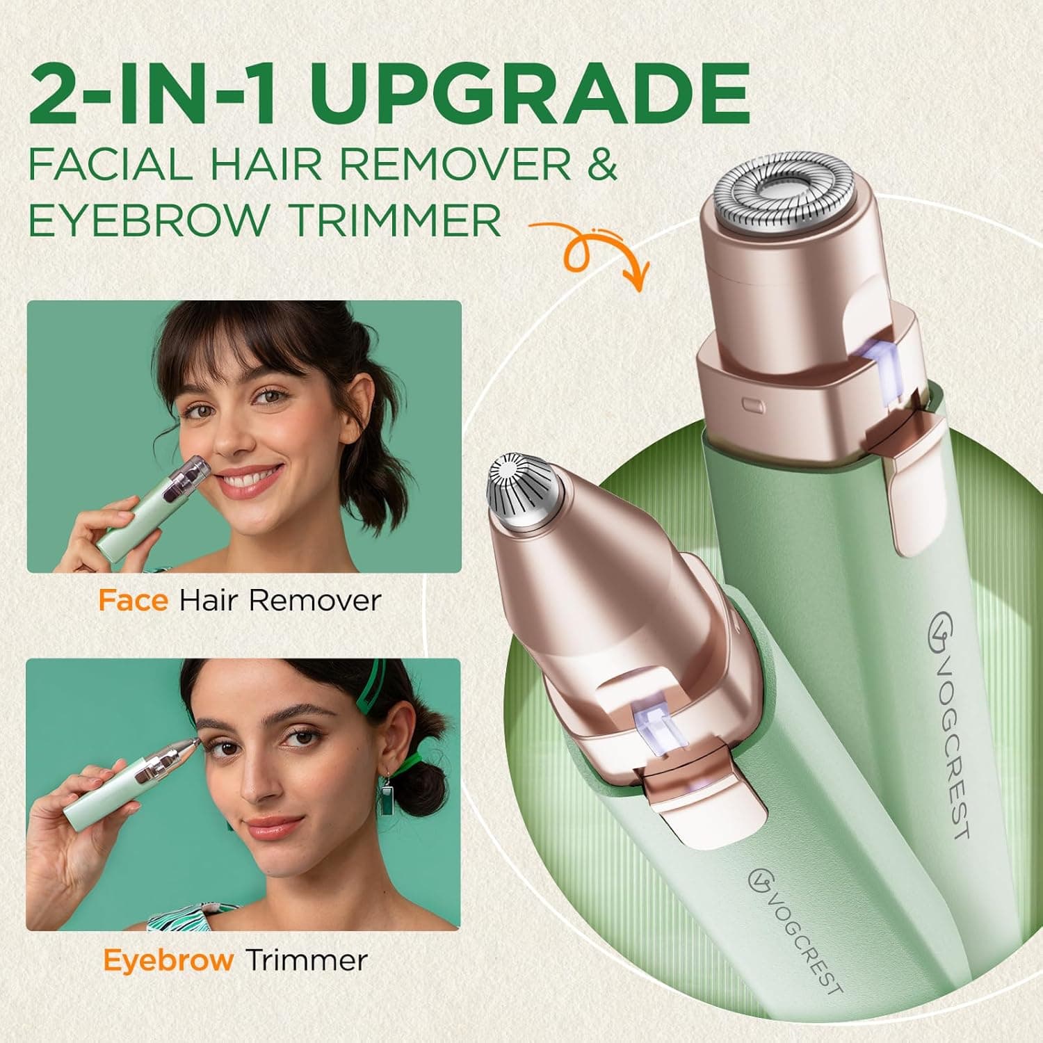 موزن قابل حمل ابرو و دستگاه حذف موهای صورت برای زنان، دستگاه شارژی 2 در 1 حذف مو و تیغ ابرو، دستگاه حذف موی ابرو، لب، بدن و صورت برای زنان با چراغ LED داخلی (سبز) 474