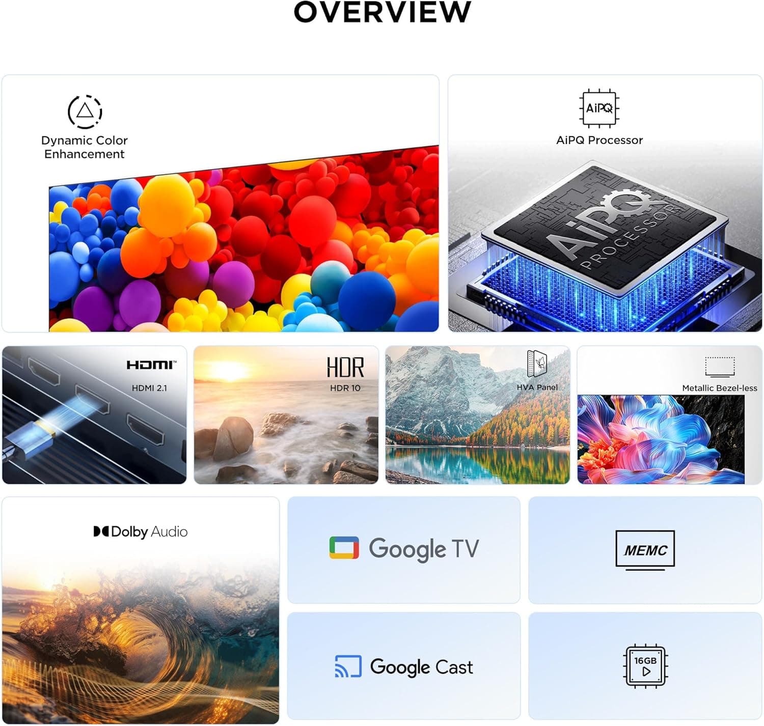 تلویزیون هوشمند TCL P6K LED 4K UHD HDR سایز ۵۵ اینچ | Google TV، نرخ نوسازی ۶۰Hz، پشتیبانی از HDR 10، پردازنده AiPQ، صدای Dolby Audio، فناوری MEMC، درگاه HDMI 2.1، بلوتوث 5.2، WiFi 5، طراحی بدون حاشیه (مدل 55P6K - مدل ۲۰۲۵) 66