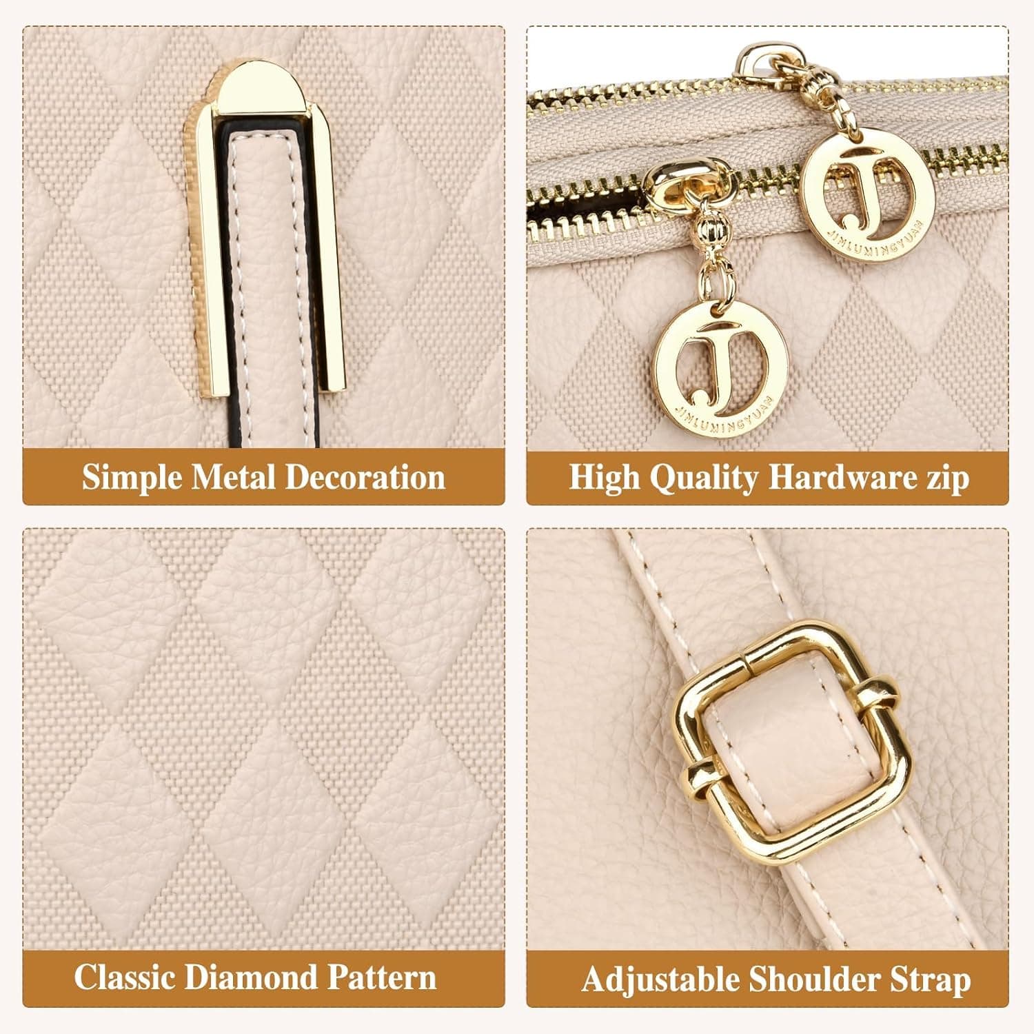 کیف کراس‌بادی زنانه، کیف دستی و کیف دوشی چرمی با بند پهن قابل تنظیم به رنگ بژ 266