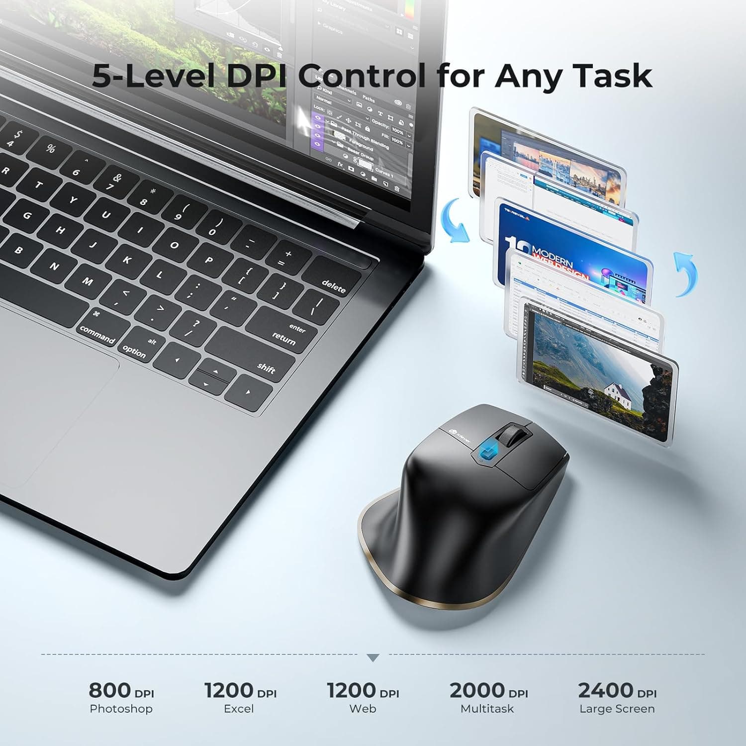 ماوس iClever Bluetooth مدل MD172، ماوس بی‌سیم دوحالته (Bluetooth+USB)، ماوس ارگونومیک چنددستگاهه با 5 سطح DPI قابل تنظیم و 7 دکمه، ماوس شارژی بی‌صدا برای Laptop/iPad/MacBook/Tablet/PC، رنگ مشکی 1318