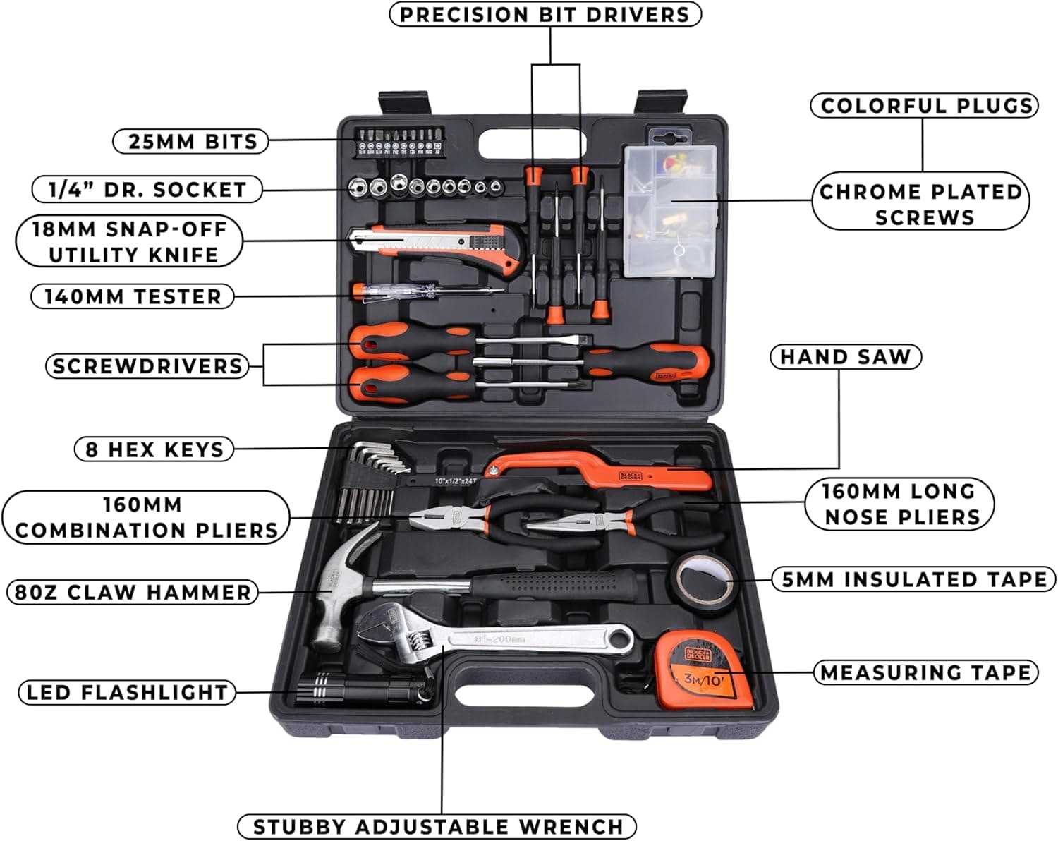کیت ابزار دستی Black & Decker – شامل ۱۲۶ قطعه در جعبه ابزار، مناسب برای استفاده خانگی، DIY و حرفه‌ای، رنگ نارنجی/مشکی، مدل BMT126C، با ۲ سال گارانتی. 1478