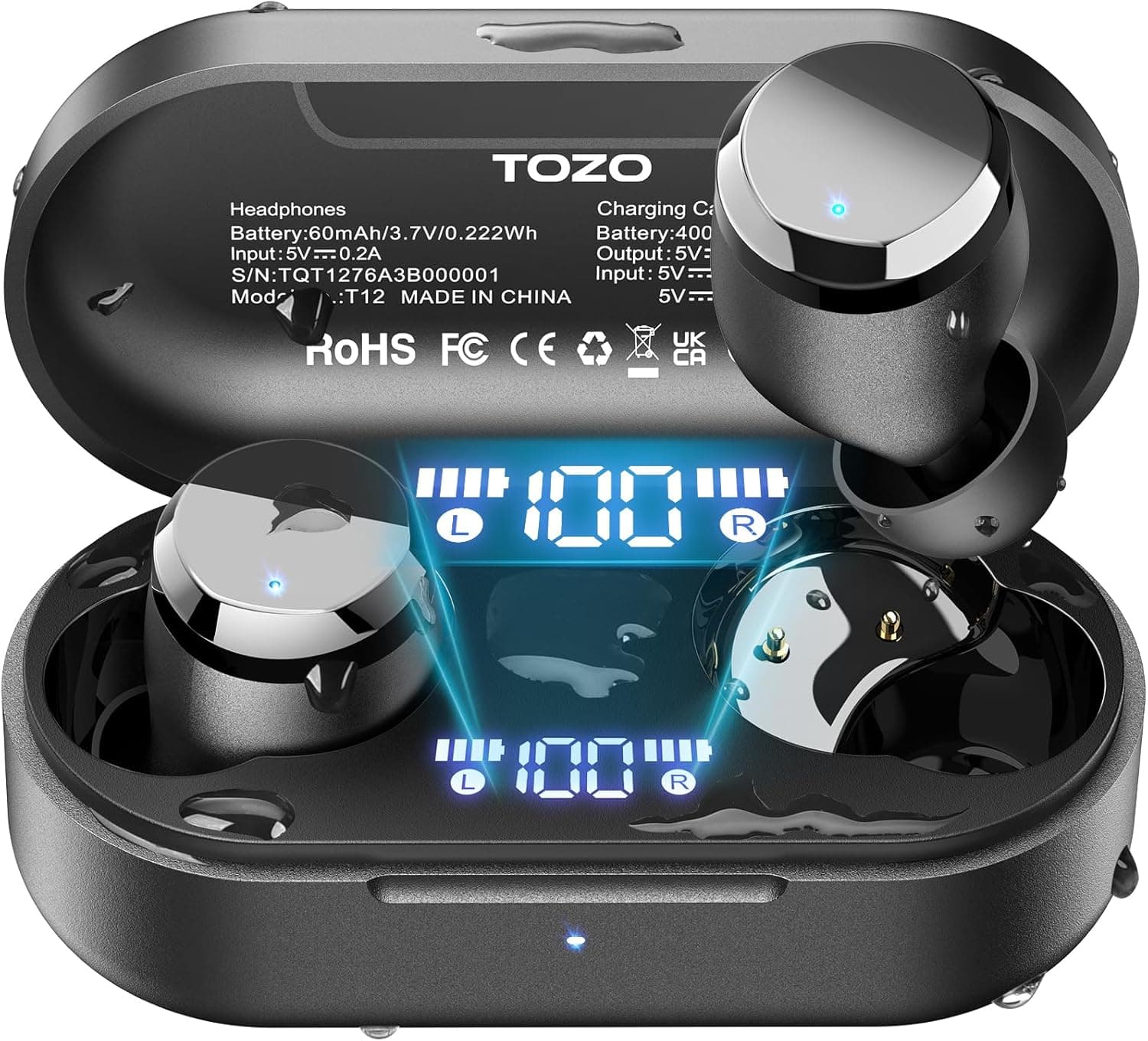 ایربادهای بی‌سیم TOZO T12 هدفون Bluetooth 5.3 با میکروفون داخلی ENC Noise Cancelling، ۵۵ ساعت زمان پخش، امکان شخصی‌سازی EQ از طریق اپ، ضدآب IPX8، نمایشگر دیجیتال LED، هدست با صدای پریمیوم مشکی، نسخه مشکی جمع‌وجور و ارگونومیک 1623