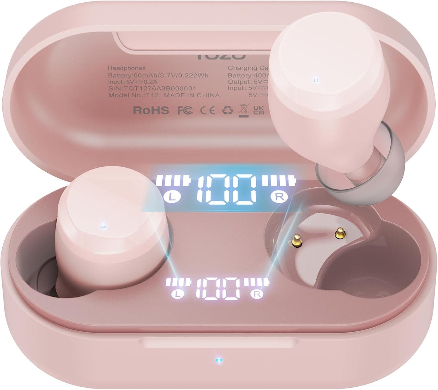 ایربادهای بی‌سیم TOZO T12 هدفون Bluetooth 5.3 با میکروفون داخلی ENC Noise Cancelling، ۵۵ ساعت زمان پخش، امکان شخصی‌سازی EQ از طریق App، ضدآب IPX8، نمایشگر دیجیتال LED، هدست با صدای پریمیوم، رنگ Rose Gold، نسخه جمع‌وجور ارگونومیک Rose Gold 1632