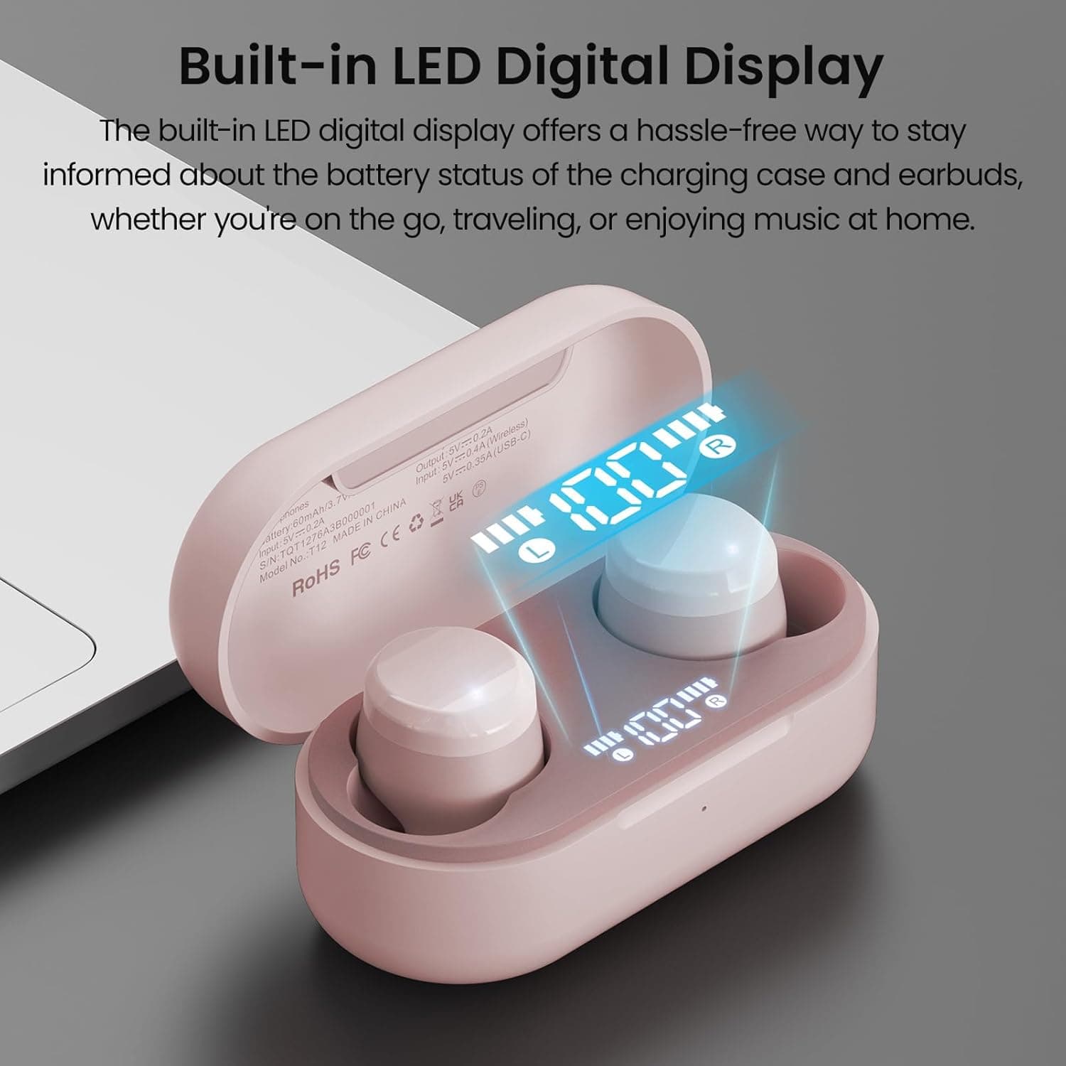 ایربادهای بی‌سیم TOZO T12 هدفون Bluetooth 5.3 با میکروفون داخلی ENC Noise Cancelling، ۵۵ ساعت زمان پخش، امکان شخصی‌سازی EQ از طریق App، ضدآب IPX8، نمایشگر دیجیتال LED، هدست با صدای پریمیوم، رنگ Rose Gold، نسخه جمع‌وجور ارگونومیک Rose Gold 1633