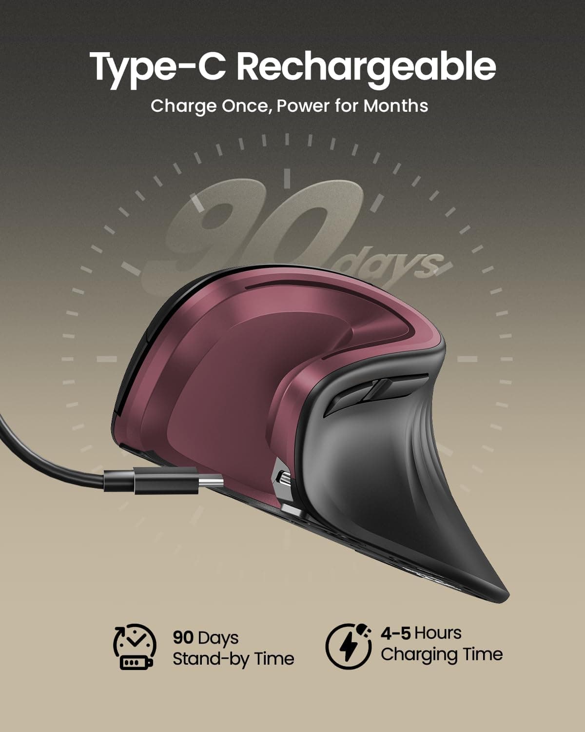 ماوس ارگونومیک ProtoArc، ماوس عمودی بی‌سیم EM11 NL، ماوس Ergo با قابلیت اتصال به چند دستگاه، ماوس قابل شارژ با USB-C برای Windows، Mac OS، PC/Notebook/Laptop، رنگ قرمز شرابی 1767