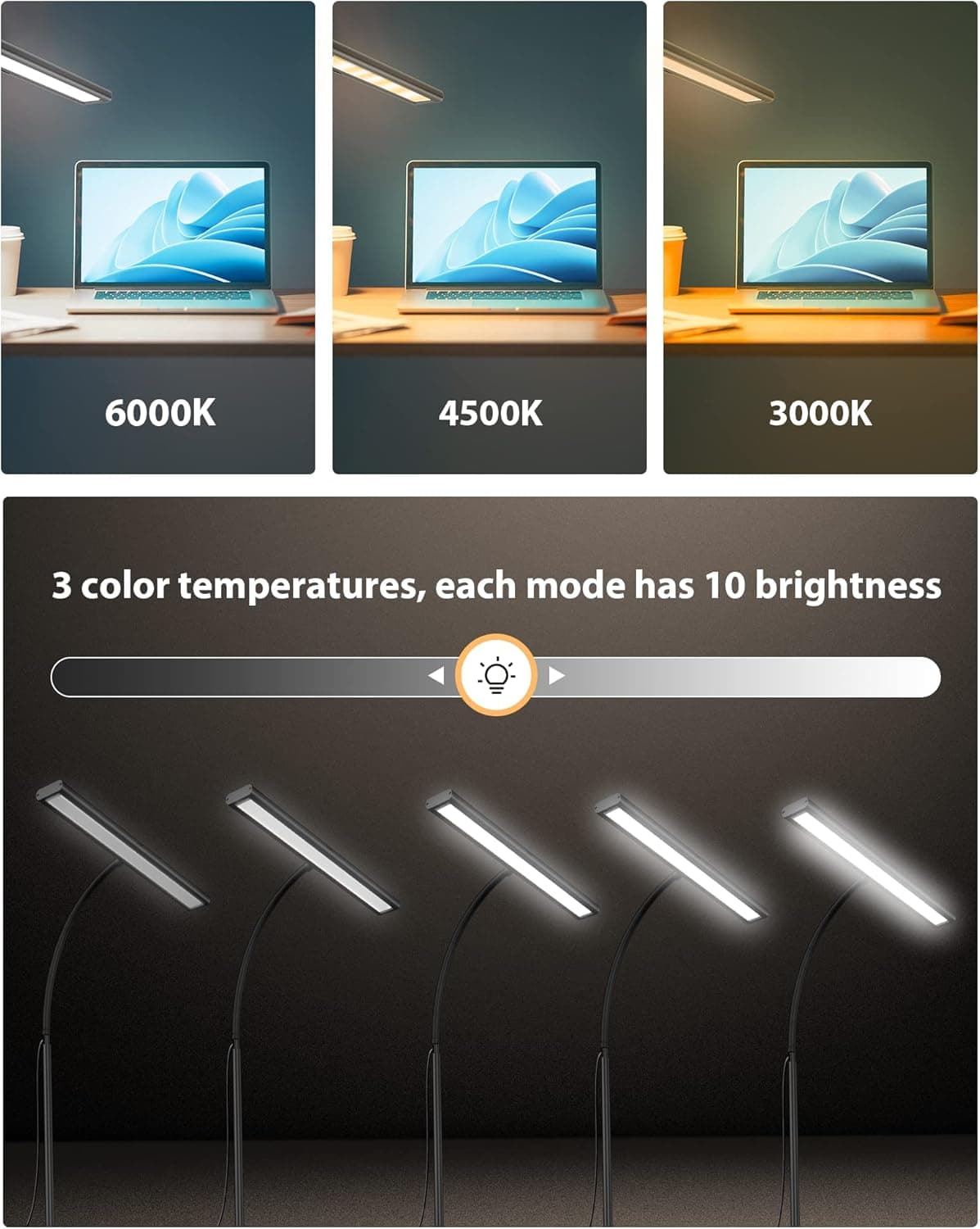 چراغ رومیزی، چراغ رومیزی قابل تنظیم با 160 LED برای دفتر خانگی [نسخه به‌روزشده با Gooseneck انعطاف‌پذیر و میله فلزی و I-Clamp] چراغ کتاب گیره‌ای روی میز برای مطالعه، میز کار، طراحی، ناخن‌کاری، خیاطی، پازل، مشکی/سفید بدون ریموت 1790