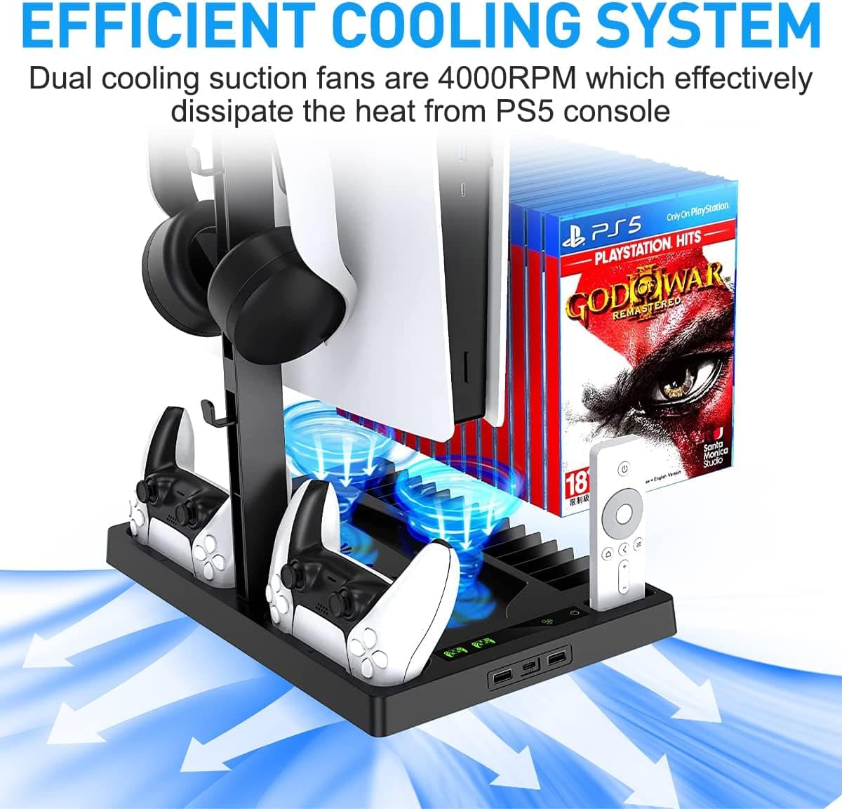 پایه خنک‌کننده عمودی PS5 برای کنسول PS5 Digital Edition/Ultra HD | ایستگاه شارژ کنسول PlayStation 5 با داک، همراه با نظم‌دهنده هدست PS5 با ۱۵ شیار بازی، مشکی 1816