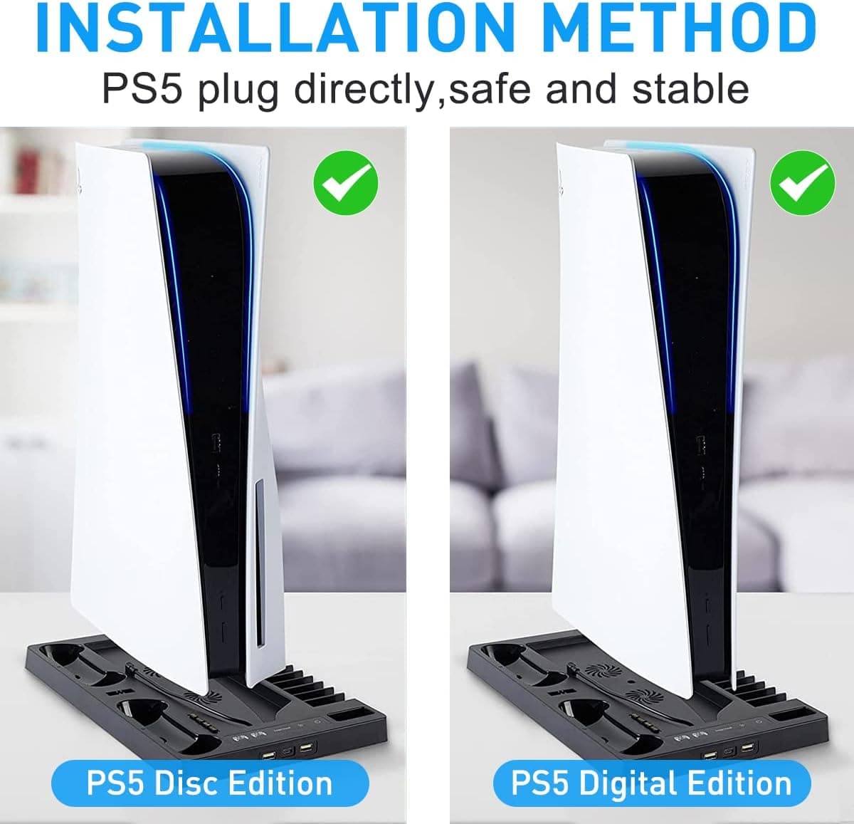 پایه خنک‌کننده عمودی PS5 برای کنسول PS5 Digital Edition/Ultra HD | ایستگاه شارژ کنسول PlayStation 5 با داک، همراه با نظم‌دهنده هدست PS5 با ۱۵ شیار بازی، مشکی 1817