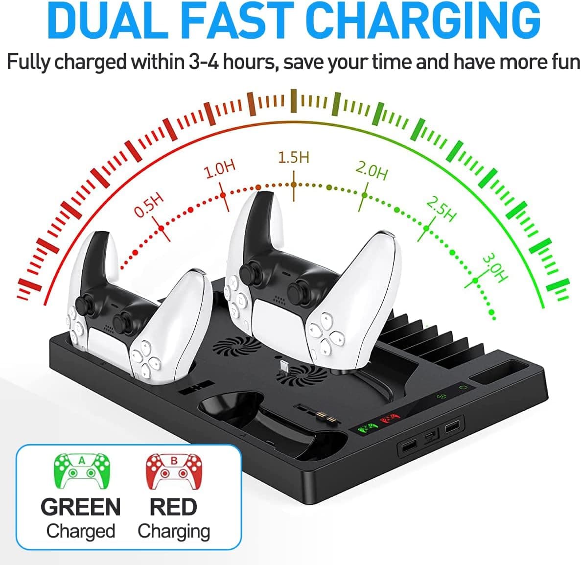 پایه خنک‌کننده عمودی PS5 برای کنسول PS5 Digital Edition/Ultra HD | ایستگاه شارژ کنسول PlayStation 5 با داک، همراه با نظم‌دهنده هدست PS5 با ۱۵ شیار بازی، مشکی 1818