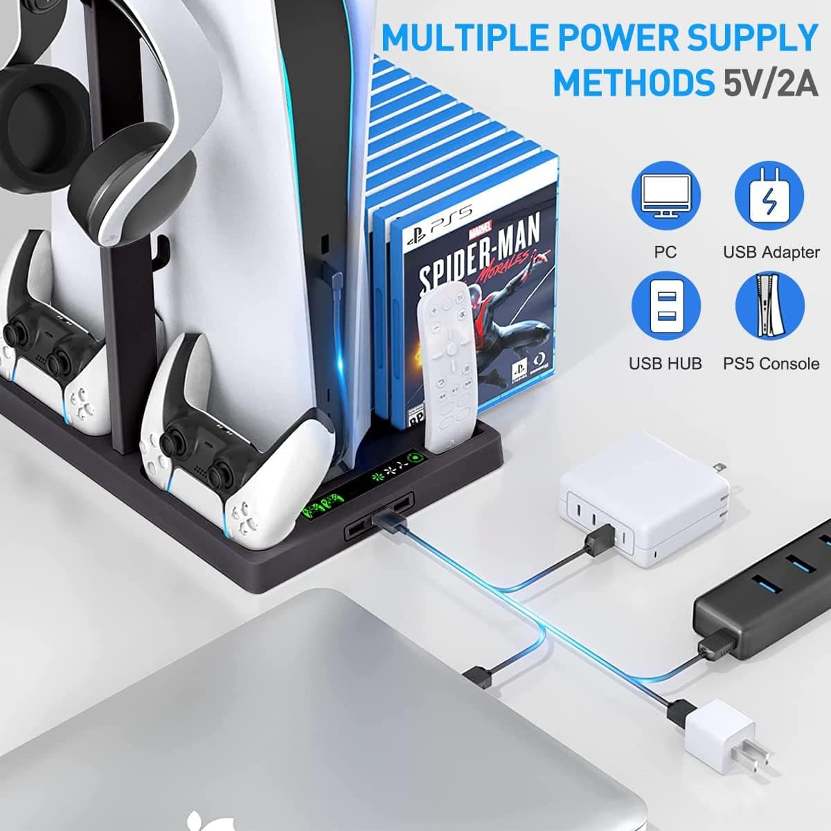 پایه خنک‌کننده عمودی PS5 برای کنسول PS5 Digital Edition/Ultra HD | ایستگاه شارژ کنسول PlayStation 5 با داک، همراه با نظم‌دهنده هدست PS5 با ۱۵ شیار بازی، مشکی 1819