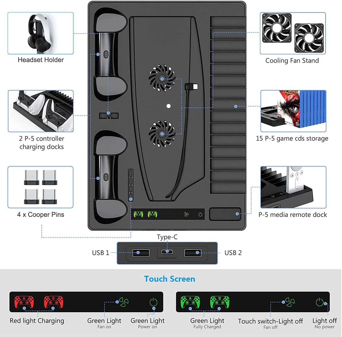 پایه خنک‌کننده عمودی PS5 برای کنسول PS5 Digital Edition/Ultra HD | ایستگاه شارژ کنسول PlayStation 5 با داک، همراه با نظم‌دهنده هدست PS5 با ۱۵ شیار بازی، مشکی 1820