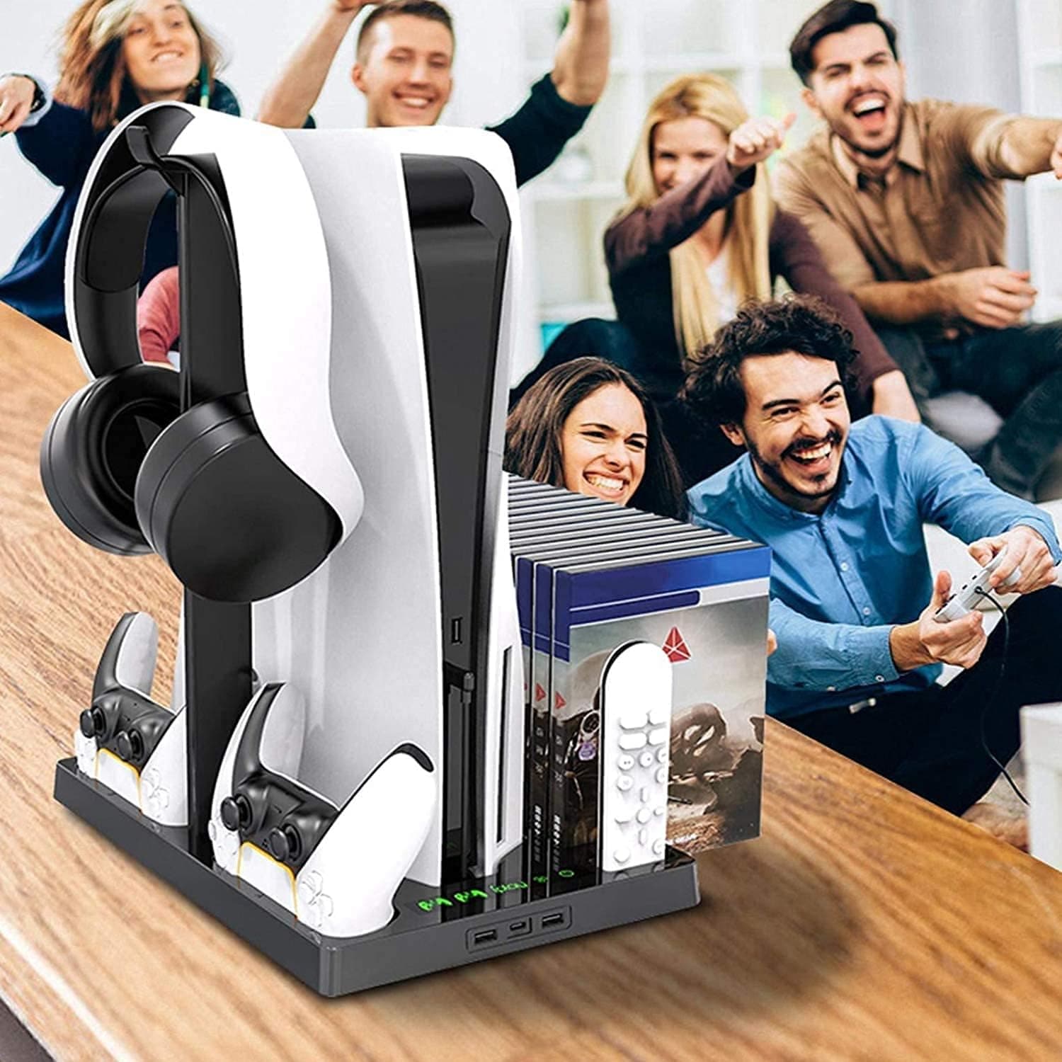 پایه خنک‌کننده عمودی PS5 برای کنسول PS5 Digital Edition/Ultra HD | ایستگاه شارژ کنسول PlayStation 5 با داک، همراه با نظم‌دهنده هدست PS5 با ۱۵ شیار بازی، مشکی 1821