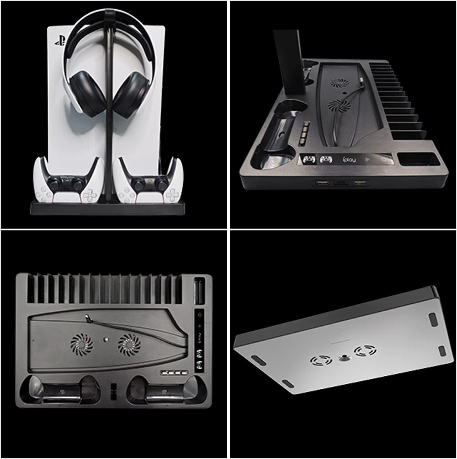 پایه خنک‌کننده عمودی PS5 برای کنسول PS5 Digital Edition/Ultra HD | ایستگاه شارژ کنسول PlayStation 5 با داک، همراه با نظم‌دهنده هدست PS5 با ۱۵ شیار بازی، مشکی 1822