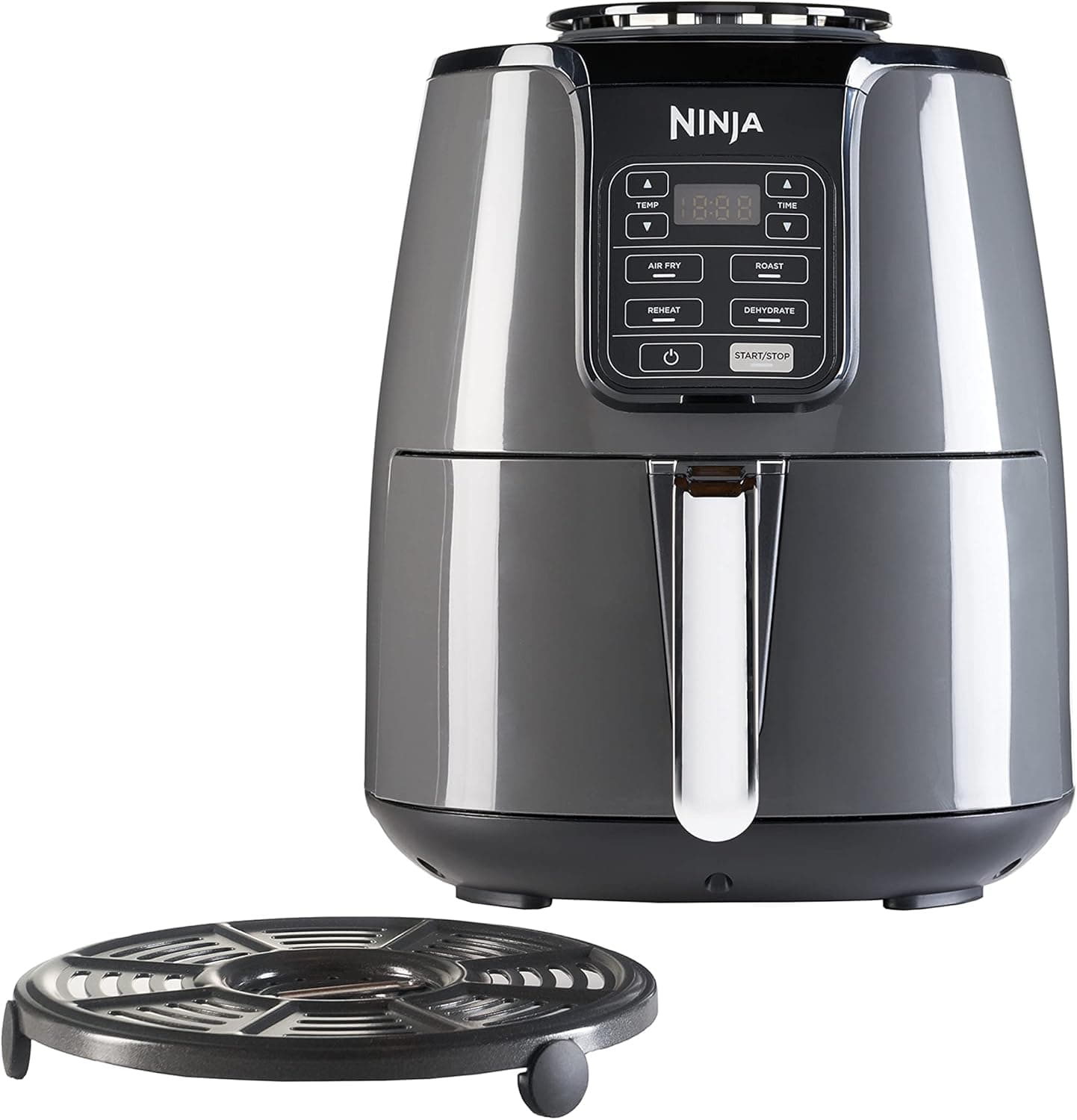 سرخ‌کننده‌هوا Ninja با 4 عملکرد پخت، Air Fry، Roast، Reheat، Dehydrate، ظرفیت 3.8 لیتر، توان 1550 وات، رنگ خاکستری و مشکی، مدل AF100ME، 2 سال گارانتی، کشوی تکی 3.8 لیتر مشکی 1924