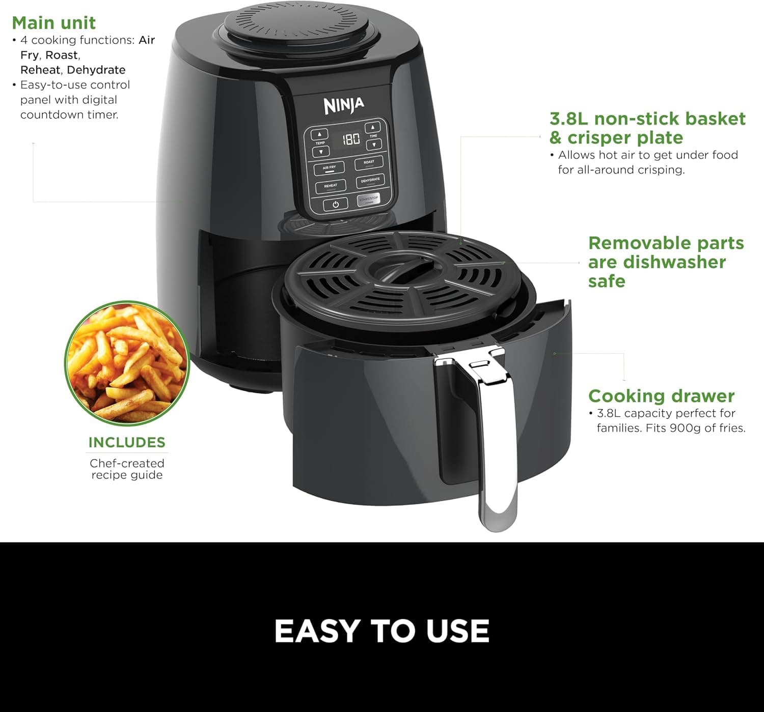 سرخ‌کننده‌هوا Ninja با 4 عملکرد پخت، Air Fry، Roast، Reheat، Dehydrate، ظرفیت 3.8 لیتر، توان 1550 وات، رنگ خاکستری و مشکی، مدل AF100ME، 2 سال گارانتی، کشوی تکی 3.8 لیتر مشکی 1925