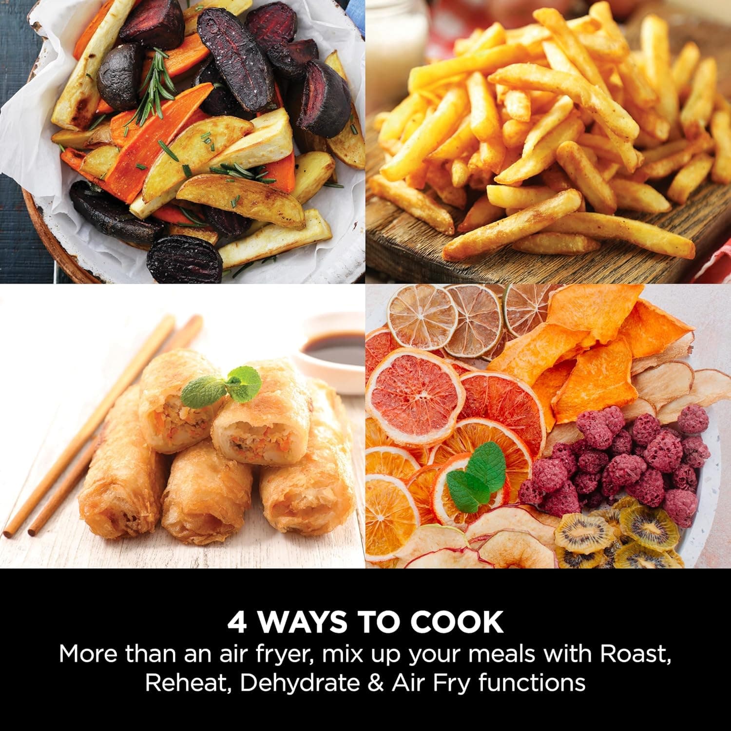 سرخ‌کننده‌هوا Ninja با 4 عملکرد پخت، Air Fry، Roast، Reheat، Dehydrate، ظرفیت 3.8 لیتر، توان 1550 وات، رنگ خاکستری و مشکی، مدل AF100ME، 2 سال گارانتی، کشوی تکی 3.8 لیتر مشکی 1926