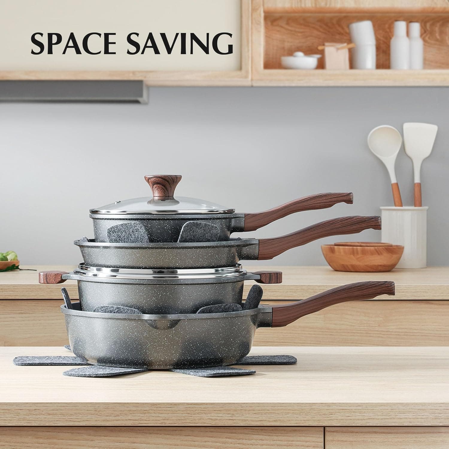 ست ۱۳ تکه ظروف پخت‌وپز نچسب SENSARTE، ست قابلمه و تابه نچسب با پوشش Swiss Granite، ست پخت‌وپز سالم برای آشپزخانه، دسته‌های خنک‌ماننده، بدون PFOA، طوسی ۱۳ تکه 2124