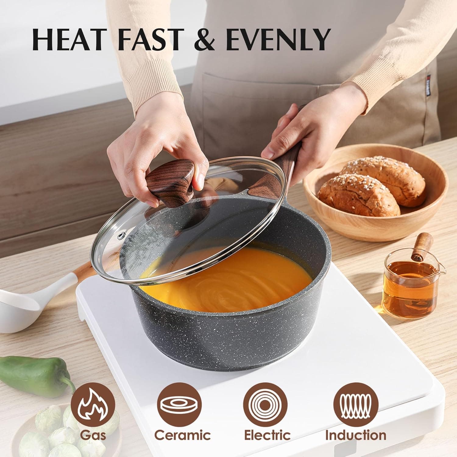 ست ۱۳ تکه ظروف پخت‌وپز نچسب SENSARTE، ست قابلمه و تابه نچسب با پوشش Swiss Granite، ست پخت‌وپز سالم برای آشپزخانه، دسته‌های خنک‌ماننده، بدون PFOA، طوسی ۱۳ تکه 2127