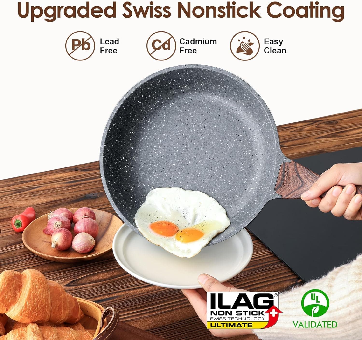 ست ۱۶ تکه ظروف پخت‌وپز نچسب SENSARTE، ست سالم قابلمه و تابه، ست آشپزی نچسب آشپزخانه با دسته‌های خنک‌مان، لوازم سیلیکونی و محافظ قابلمه، طوسی ۱۶ تکه 2134