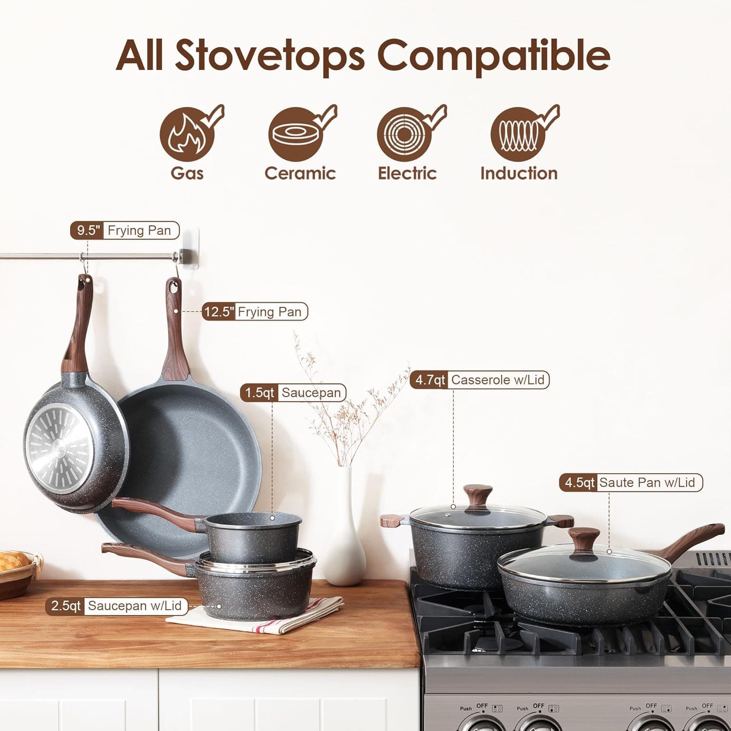 ست ۱۶ تکه ظروف پخت‌وپز نچسب SENSARTE، ست سالم قابلمه و تابه، ست آشپزی نچسب آشپزخانه با دسته‌های خنک‌مان، لوازم سیلیکونی و محافظ قابلمه، طوسی ۱۶ تکه 2136