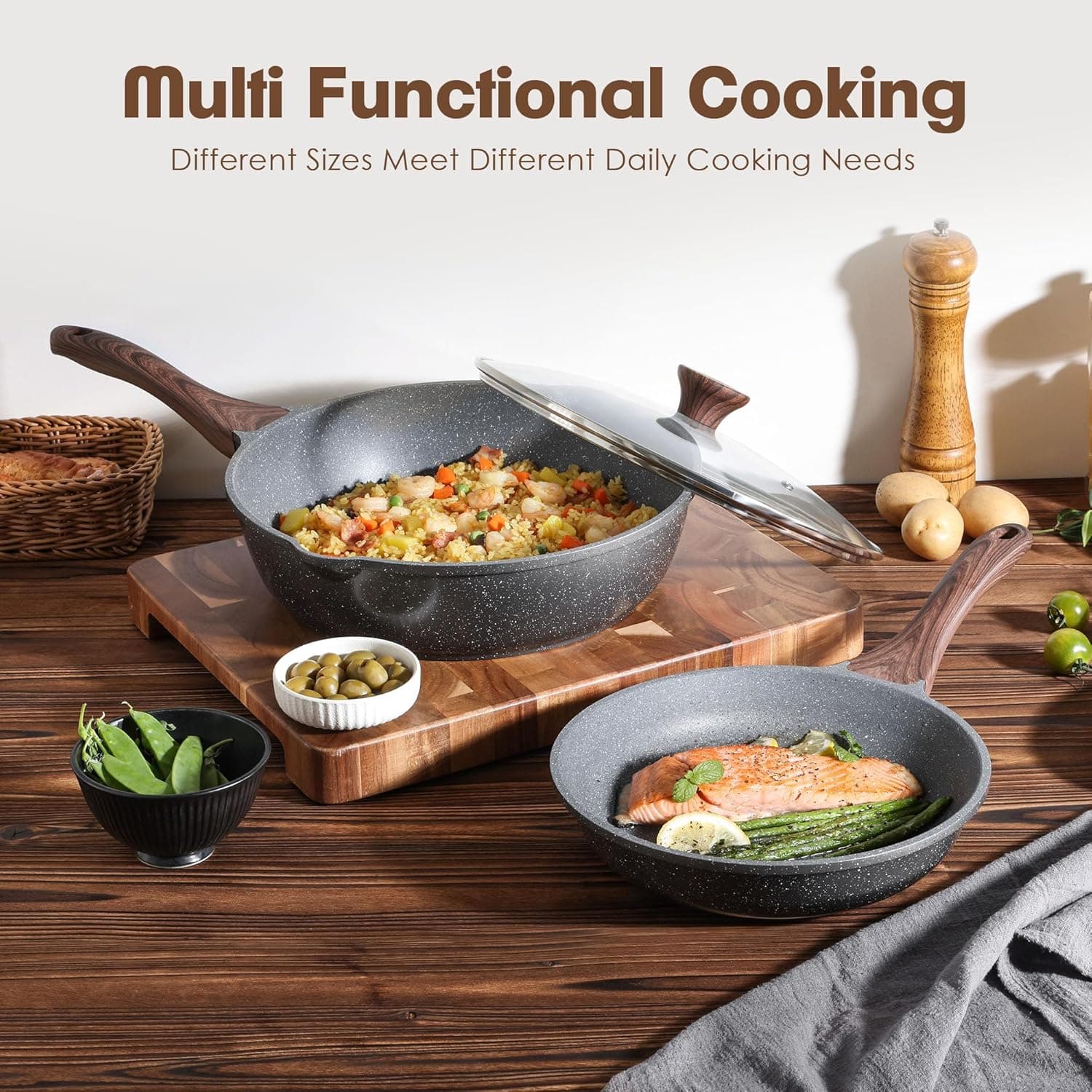 ست ۱۶ تکه ظروف پخت‌وپز نچسب SENSARTE، ست سالم قابلمه و تابه، ست آشپزی نچسب آشپزخانه با دسته‌های خنک‌مان، لوازم سیلیکونی و محافظ قابلمه، طوسی ۱۶ تکه 2139