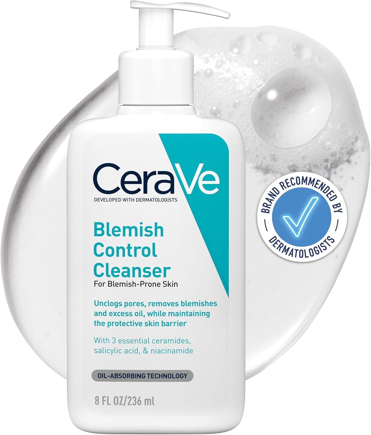 ژل شستشوی صورت CeraVe Blemish Control Cleanser برای پوست مستعد آکنه و لک با 2% سالیسیلیک اسید، نیاسینامید و سرامیدها 236 میلی‌لیتر 2347