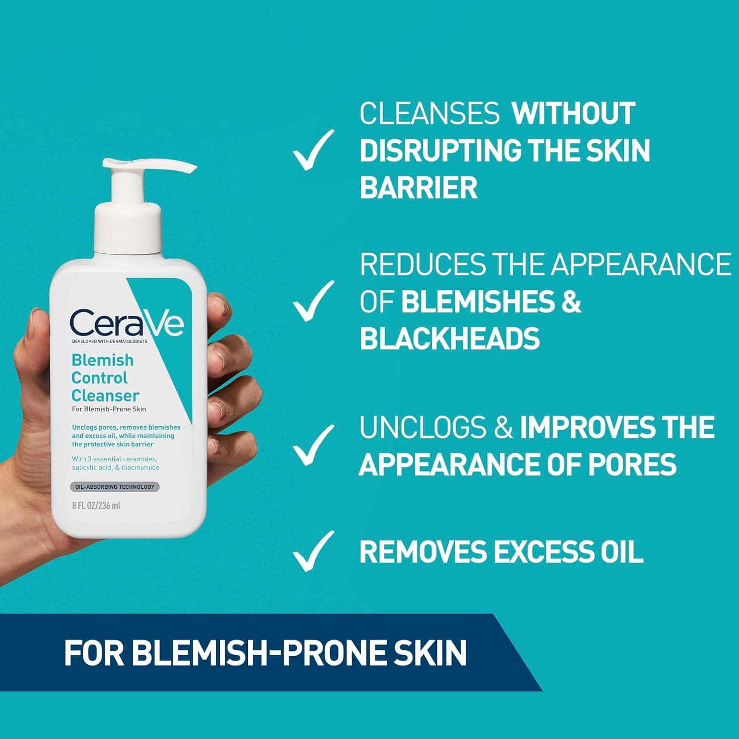ژل شستشوی صورت CeraVe Blemish Control Cleanser برای پوست مستعد آکنه و لک با 2% سالیسیلیک اسید، نیاسینامید و سرامیدها 236 میلی‌لیتر 2348
