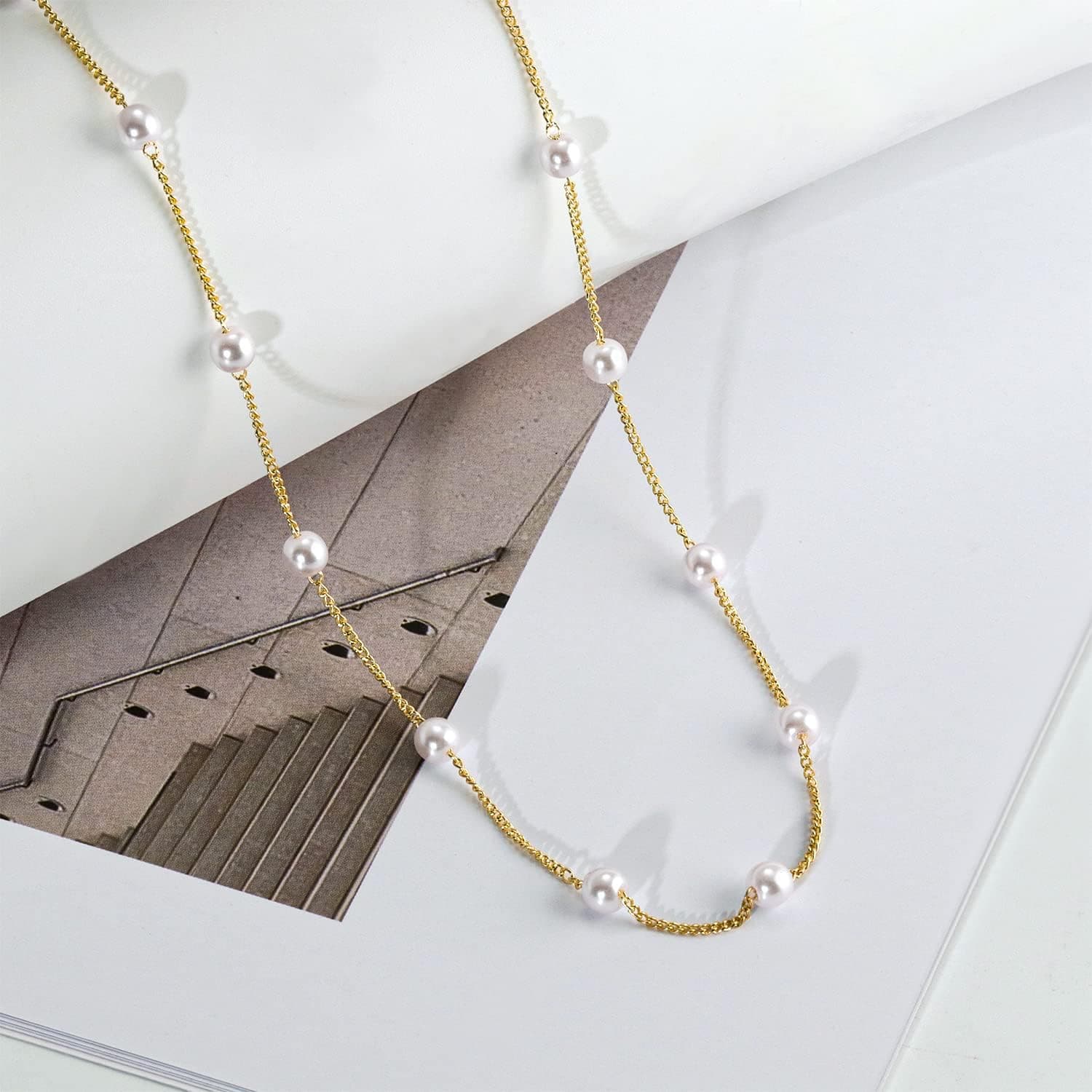 گردنبند مروارید طلایی زنانه، گردنبندهای مروارید آب شیرین لایه‌ای با آبکاری طلا 14K برای زنان، زنجیر ساده و مد روز Herringbone با گردنبند مروارید برای زنان، جواهرات طلای زنانه مناسب هدیه، Satellite Pearl-Gold 2382