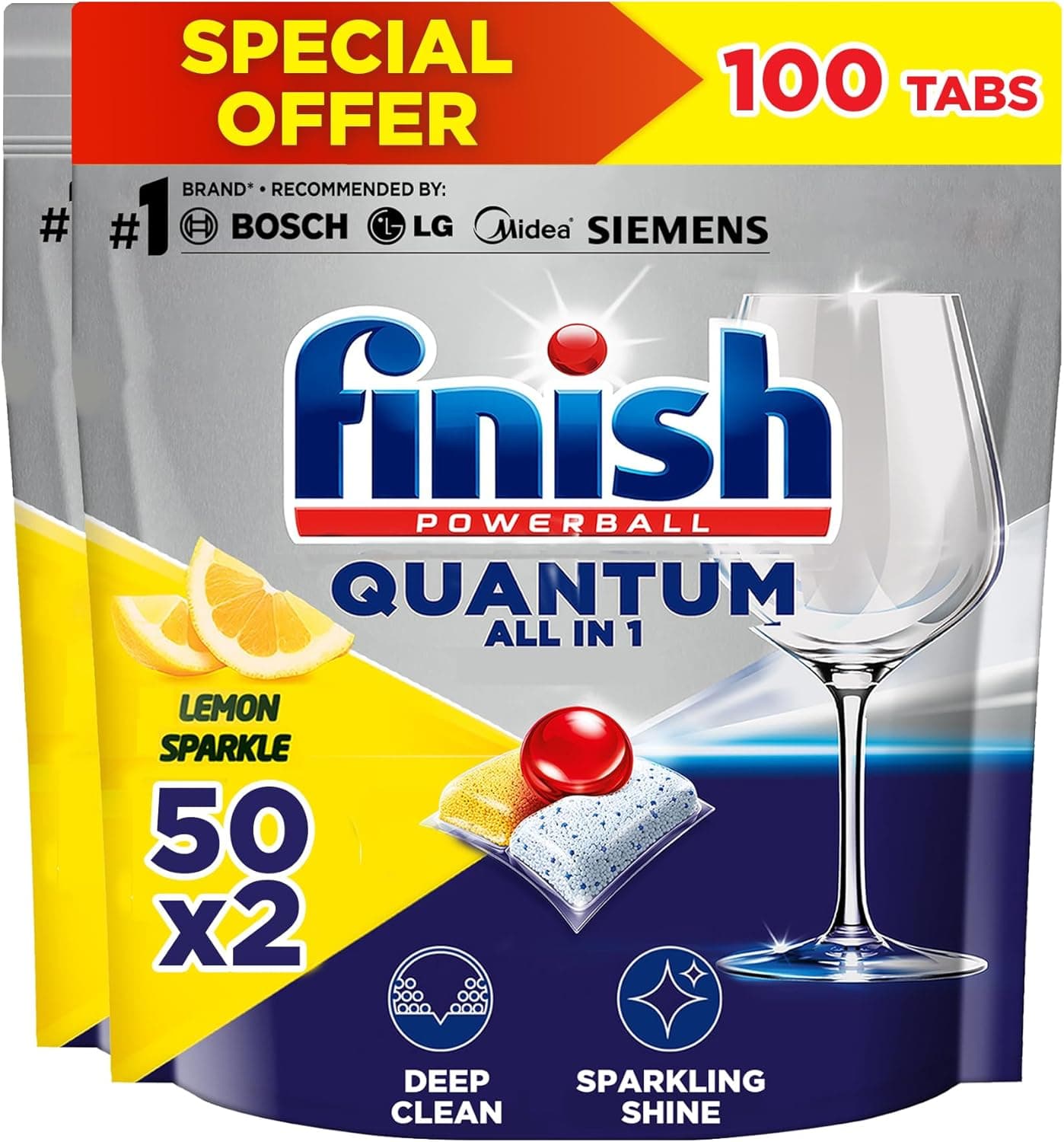 قرص شوینده ماشین ظرفشویی Finish Powerball Quantum، با رایحه Lemon Sparkle، ۵۰ × ۲ عدد 2422
