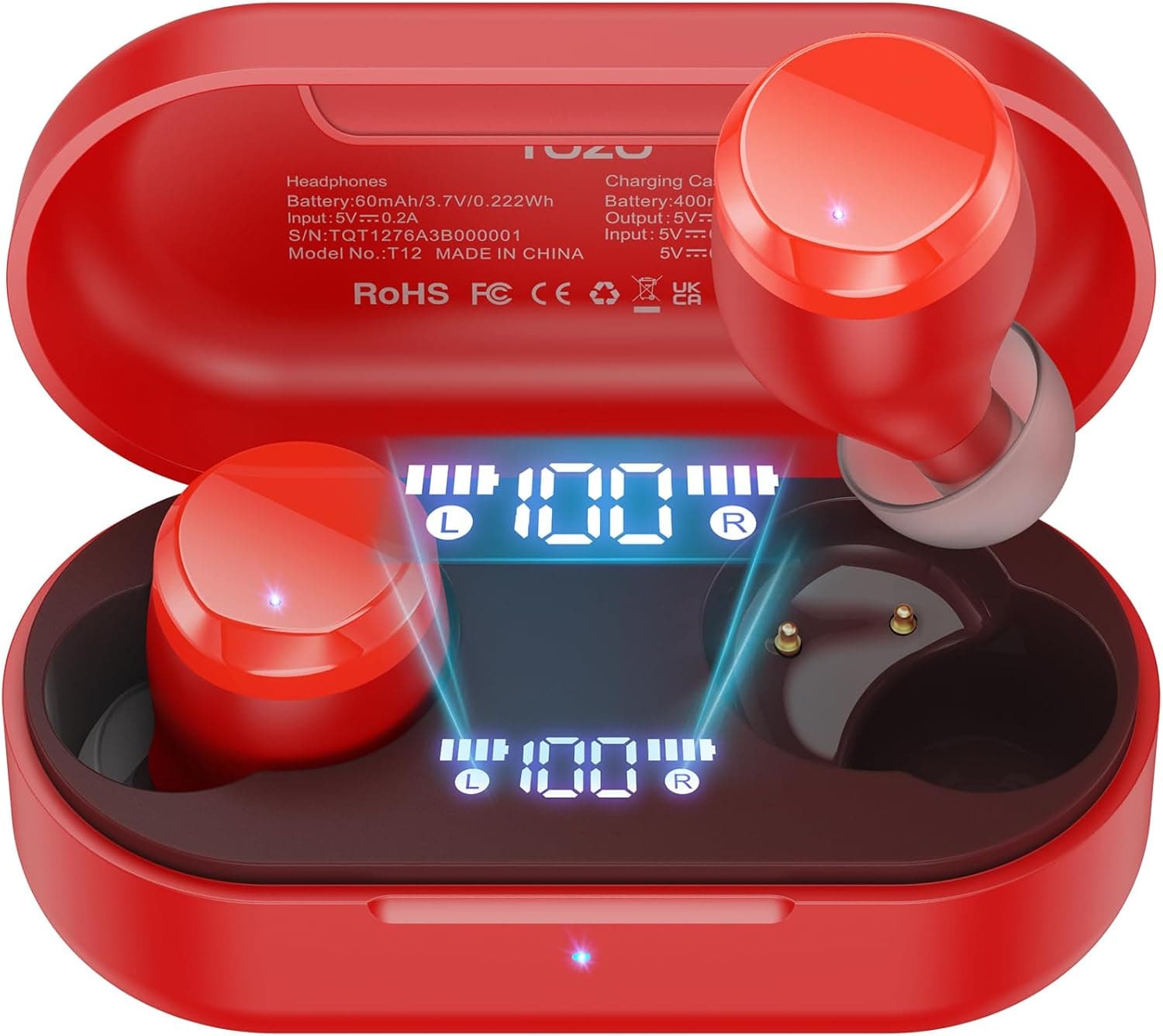 ایرباد بی‌سیم TOZO T12 هدفون Bluetooth 5.3 با میکروفون داخلی ENC Noise Cancelling، ۵۵ ساعت زمان پخش، نمایشگر دیجیتال LED با کیس شارژ بی‌سیم، کنترل از طریق App، صدای فراگیر و باکیفیت، نسخه قرمز کامپکت ارگونومیک Red 2651